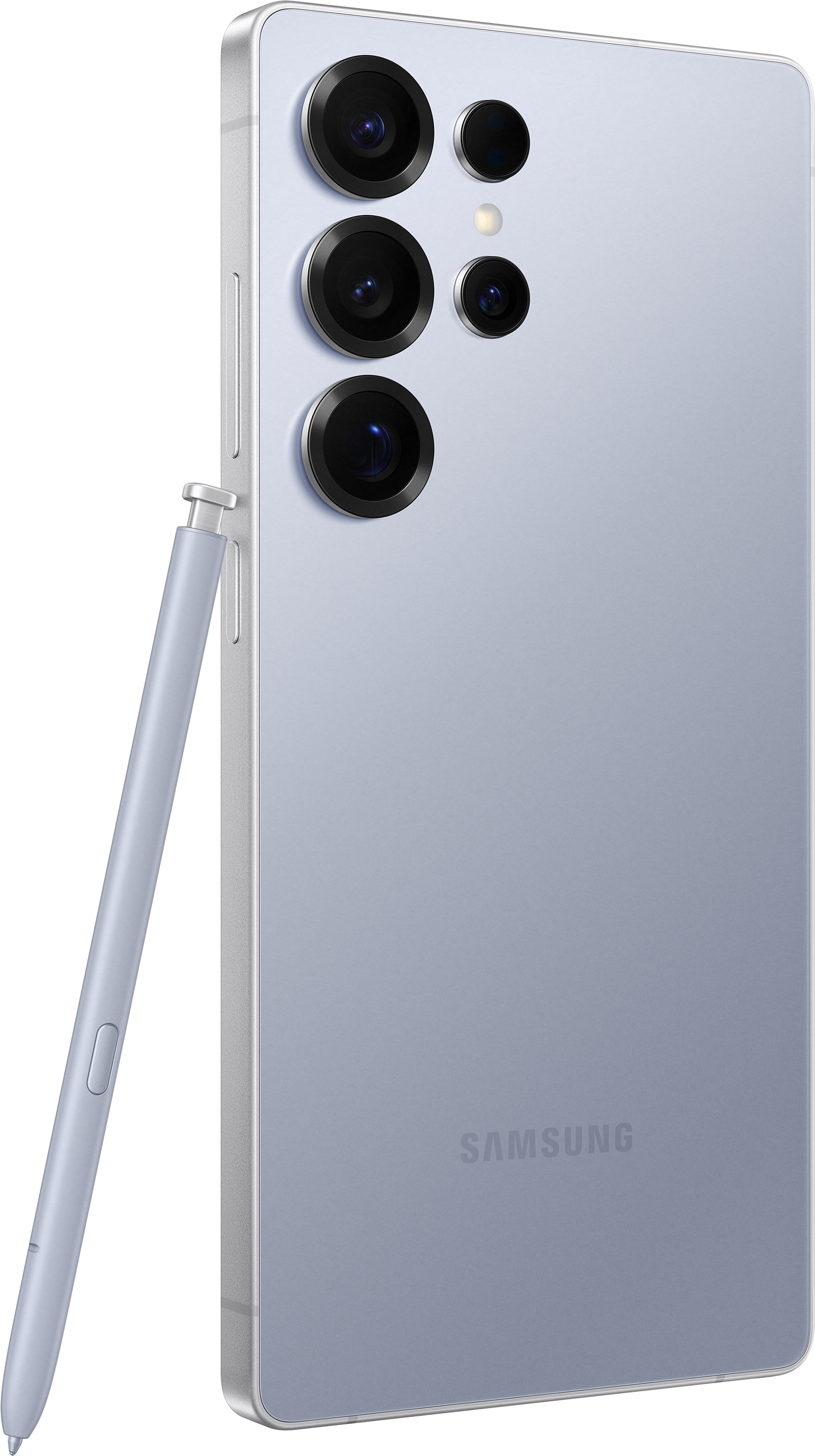 Téléphone bleu clair avec objectifs d'appareil photo et stylet, avec logo Samsung. Dos gris clair.
