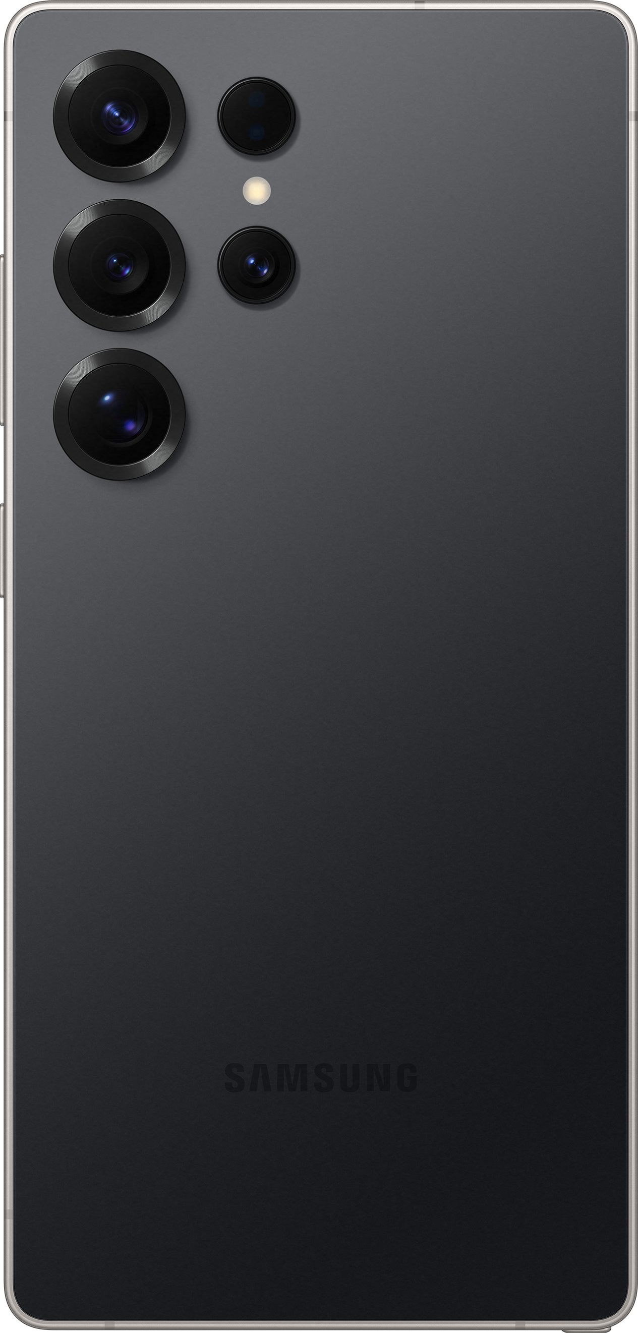 Telefono Samsung grigio scuro con quattro fotocamere posteriori e flash, su sfondo bianco.