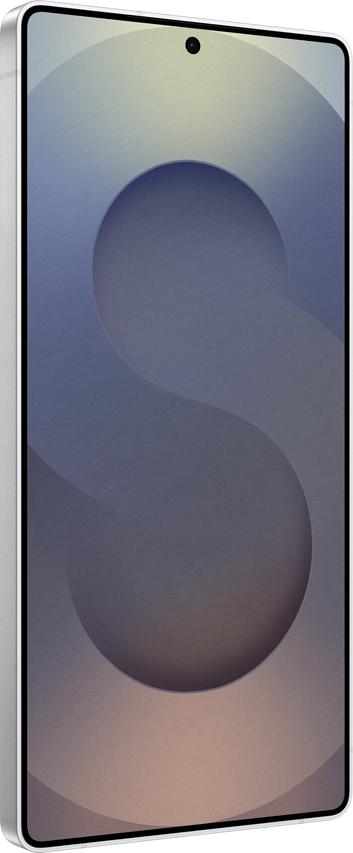 Téléphone avec forme de S bleue et marron à l'écran. Fond noir.