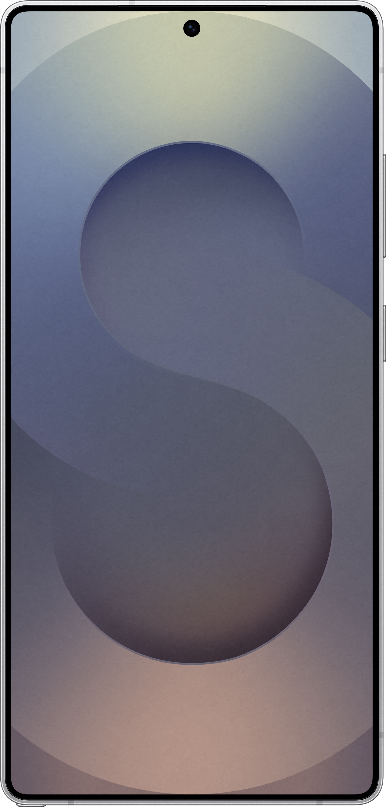 Smartphone avec un design 'S' sur l'écran, dégradé bleu et beige, et caméra avant.