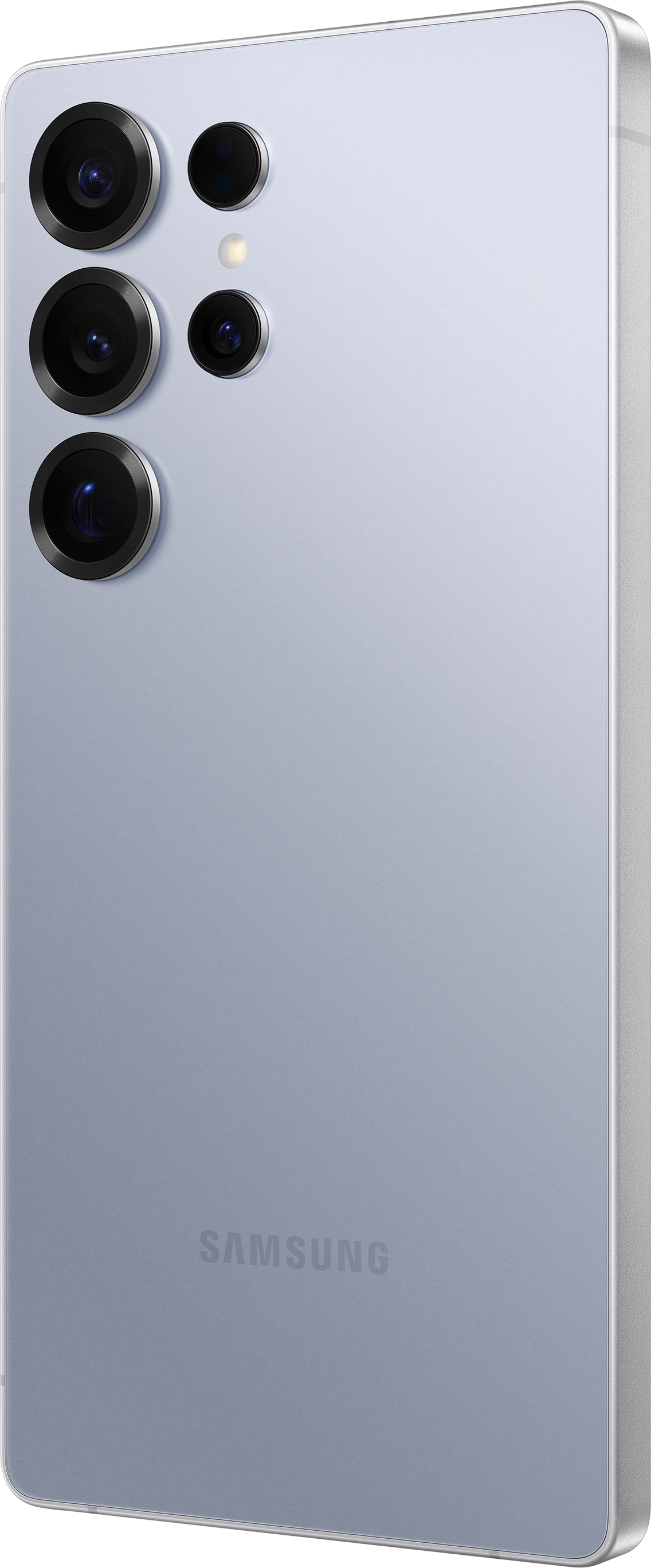 Un smartphone violet avec plusieurs caméras arrière sur fond blanc.