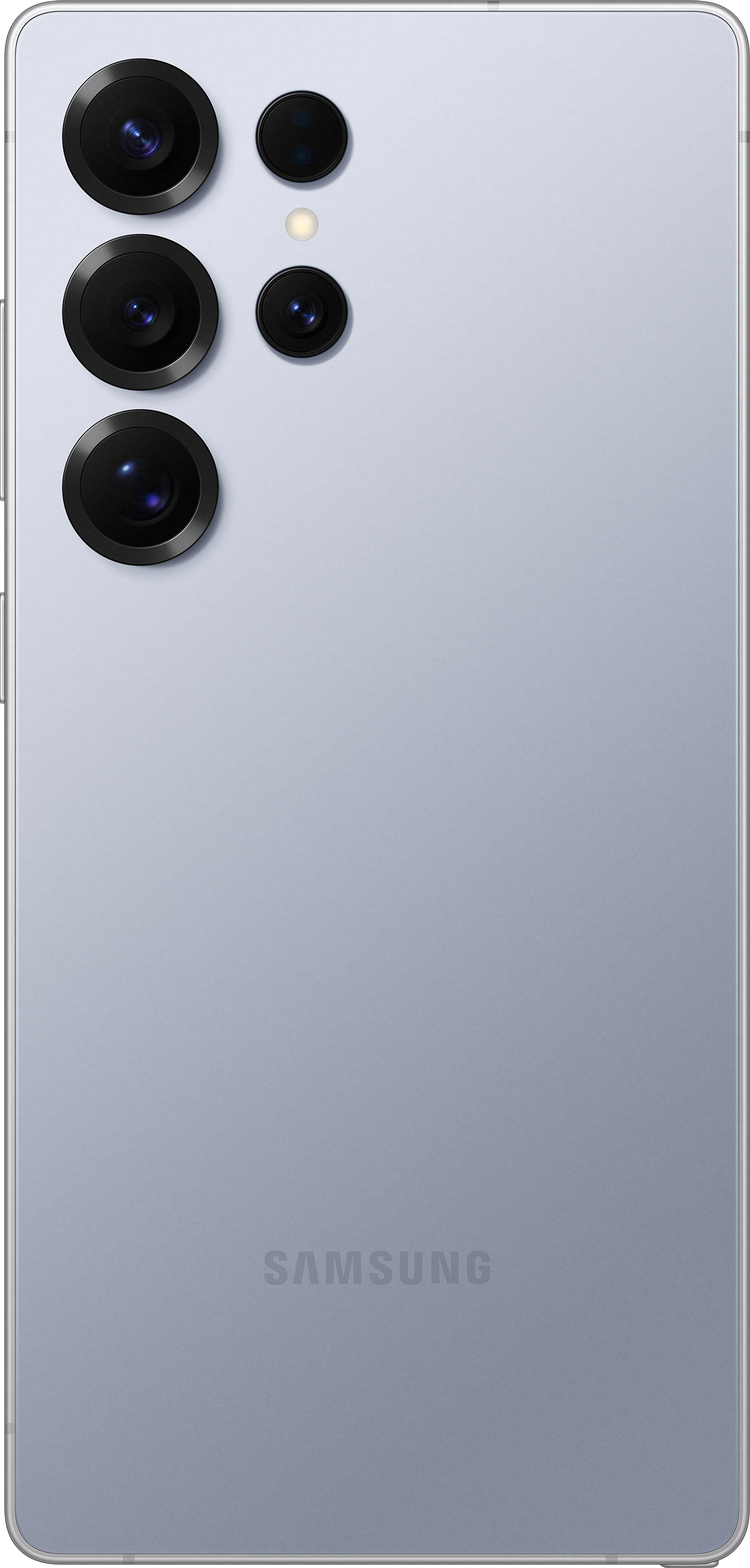 Vue arrière du téléphone. Couleur argentée, plusieurs caméras. Fond noir.