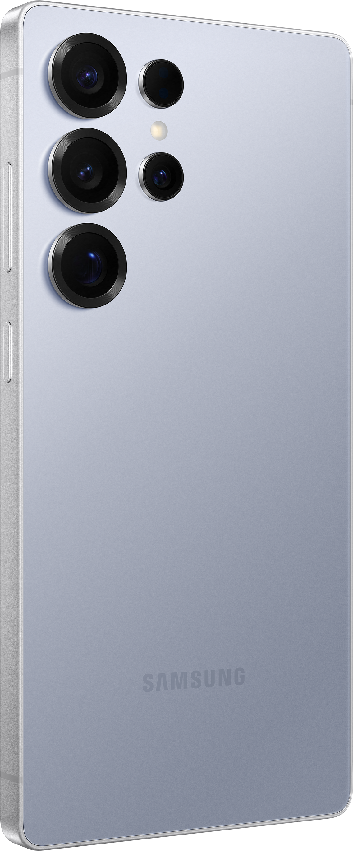 Téléphone argenté avec lentilles de caméra à l'arrière, sur fond blanc.