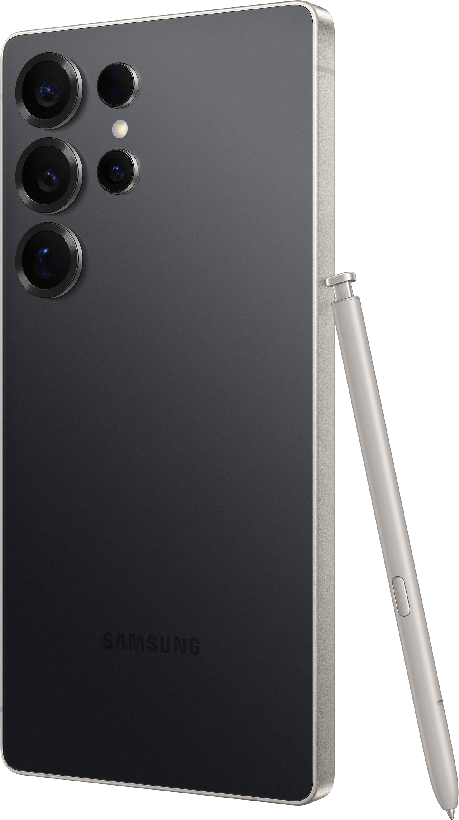 Dunkelgraues Telefon mit Stift an der Seite. Samsung-Logo. Schwarzer Hintergrund.