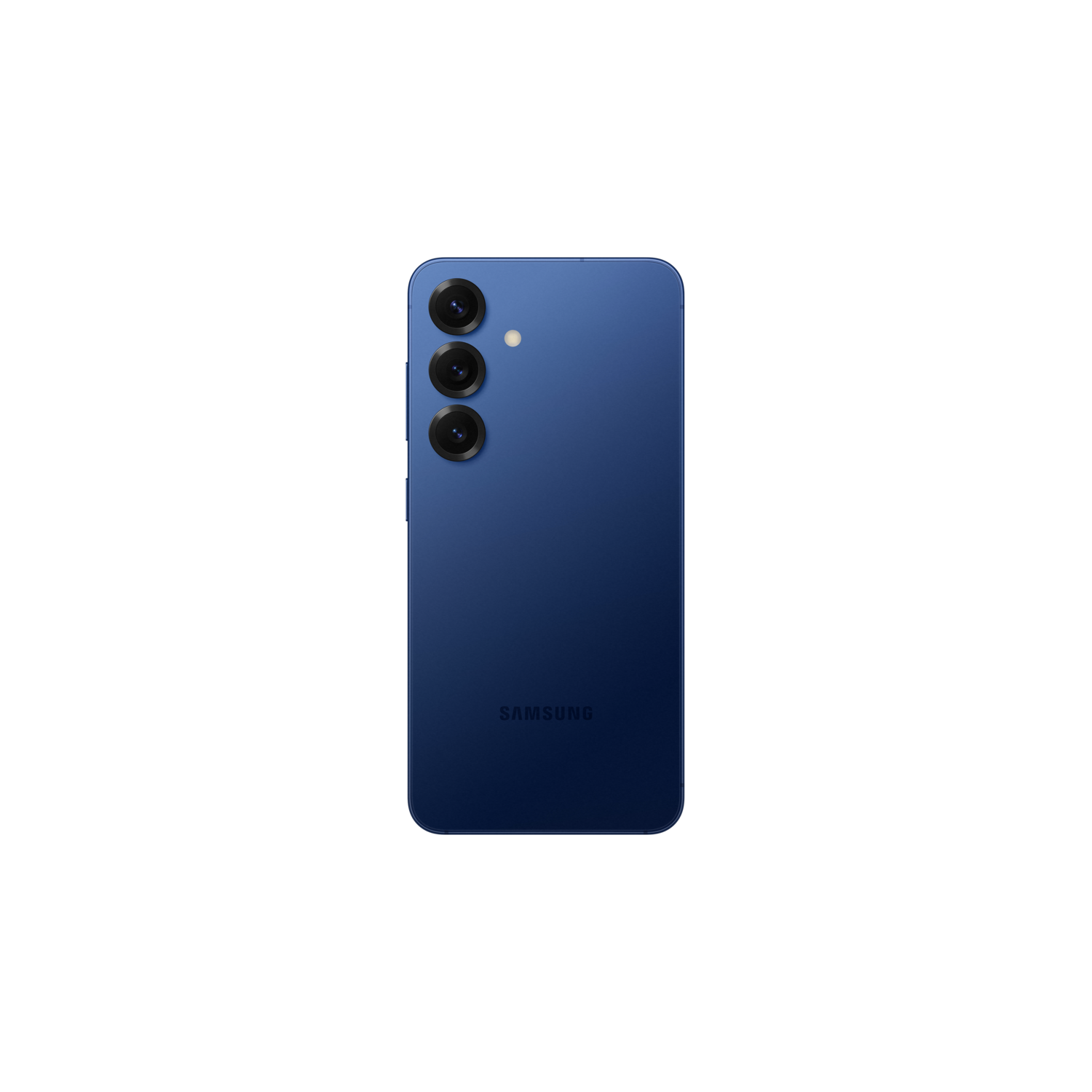 Donkerblauwe telefoon met camera's, zwarte achtergrond. Samsung logo zichtbaar.