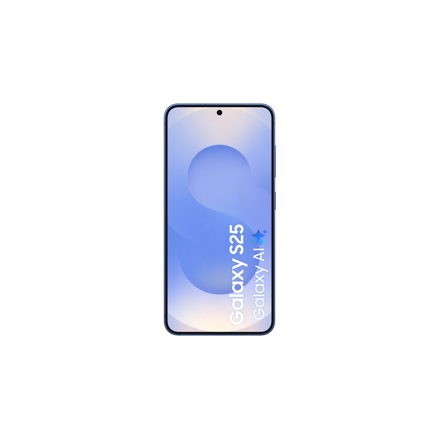 Blauwe smartphone met Galaxy S25 en Galaxy AI op het scherm, zwarte achtergrond.