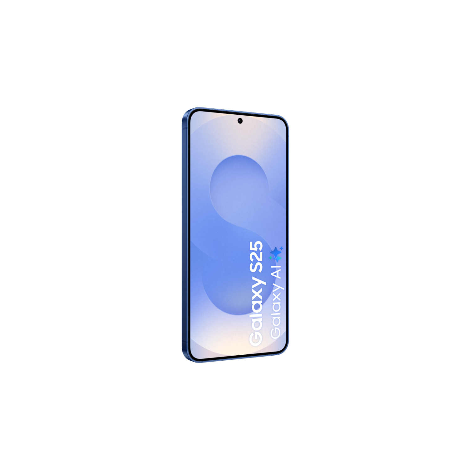 Blauwe telefoon met 'Galaxy S25' en 'Galaxy AI+' op het scherm.