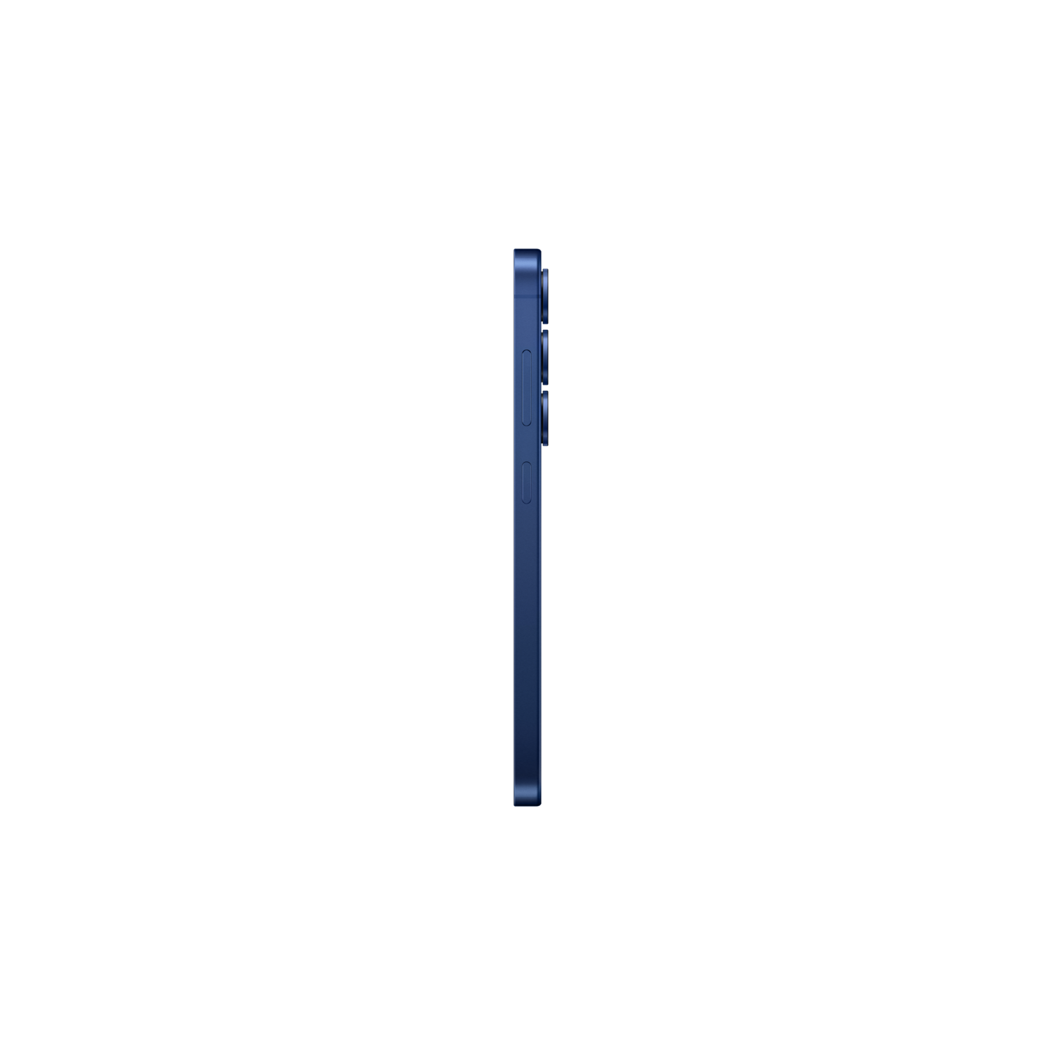 Een blauwe telefoon van de zijkant op een zwarte achtergrond.