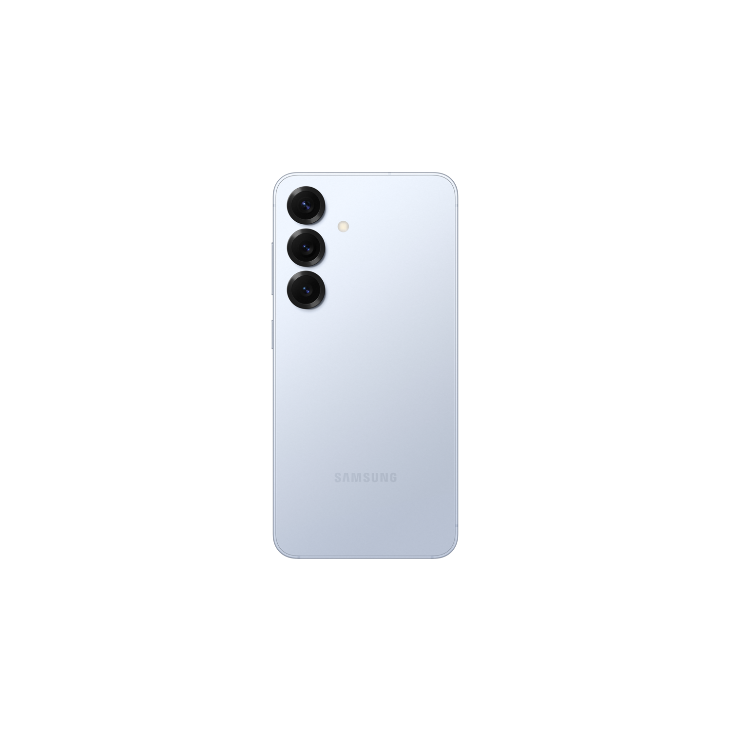 Een lichtblauwe smartphone, achteraanzicht, met drie cameralenzen.