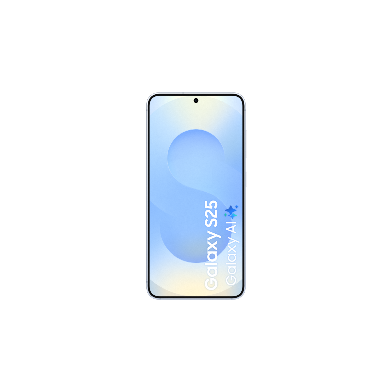 Een smartphone met een lichtblauw scherm en de woorden Galaxy S25 en Galaxy Ai.