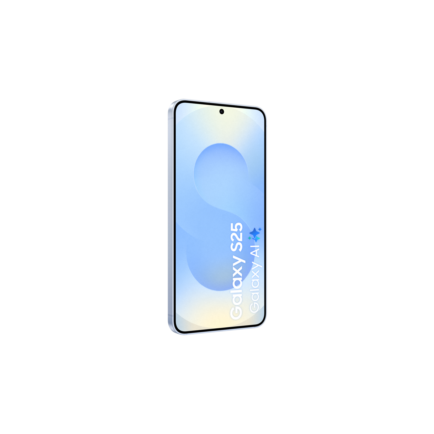 Blauwe en witte telefoon op zwart. Galaxy S25 met AI+ tekst.