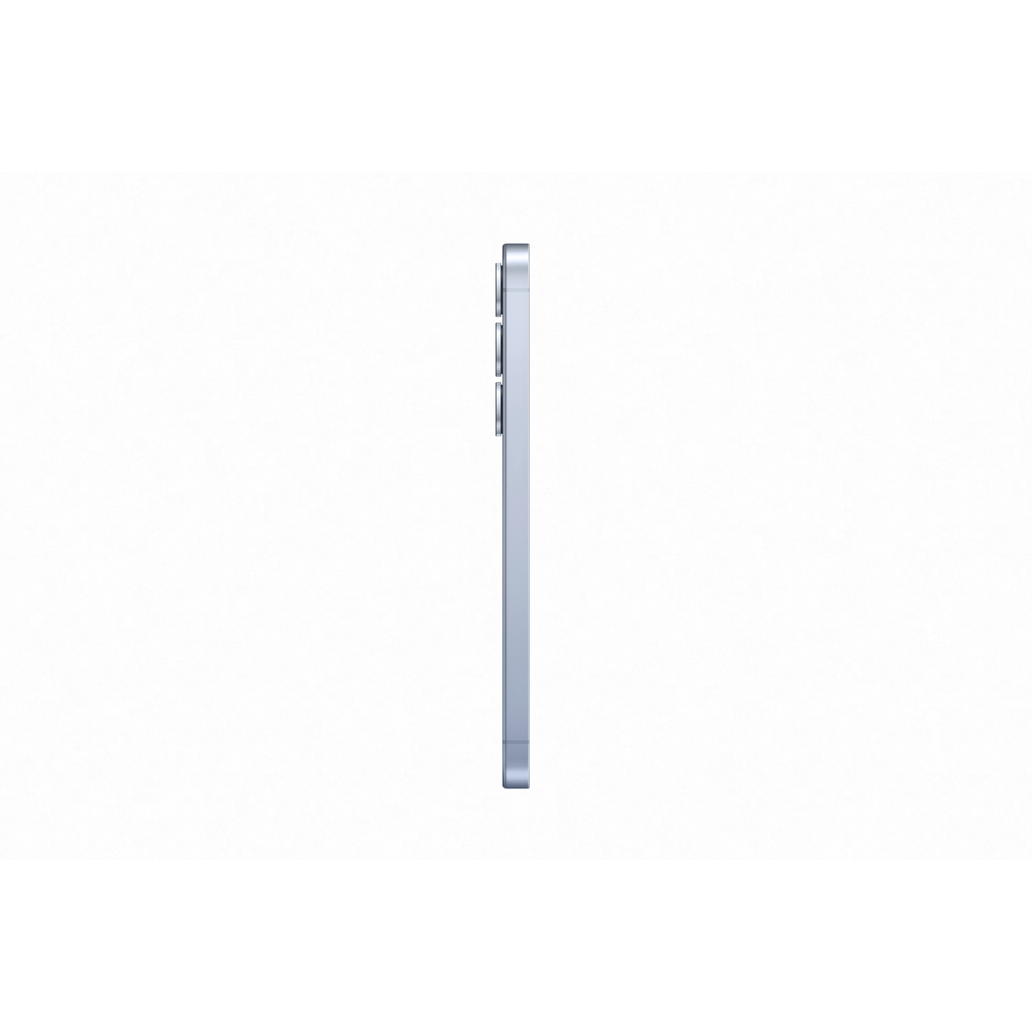 Lichtblauwe smartphone, zijaanzicht, tegen een witte achtergrond.