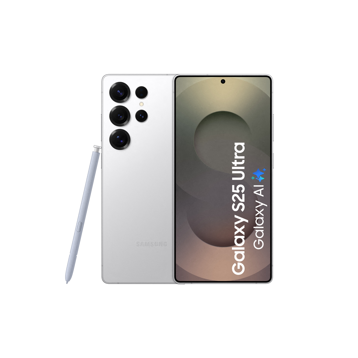 Smartphone Samsung Galaxy S25 Ultra blanc avec trois caméras. Stylet à gauche. Sur fond noir.