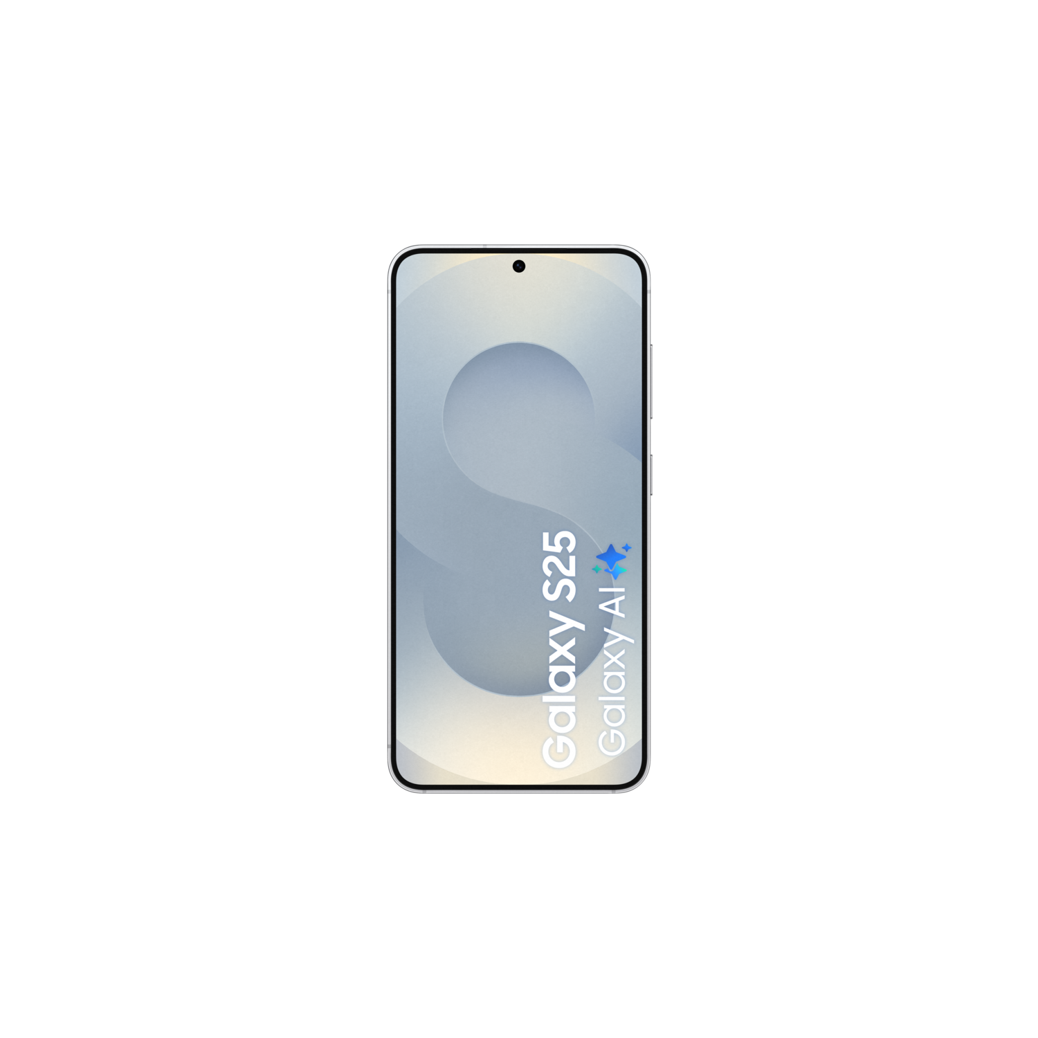 A phone screen displaying a light colored S-shaped design, Galaxy S25 and AI text.