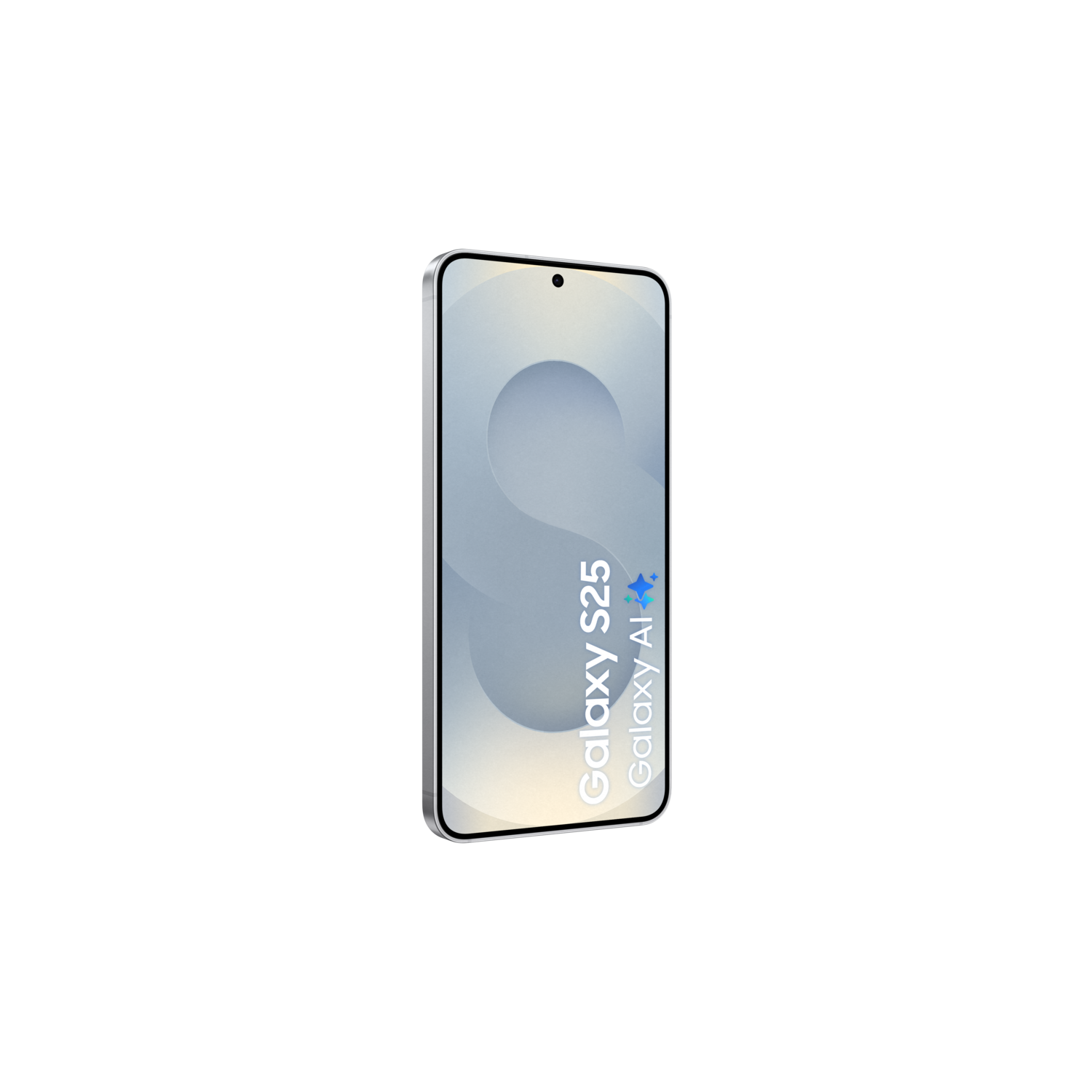 A smartphone on a black background. The screen displays text: Galaxy S25, Galaxy AI with a light background.