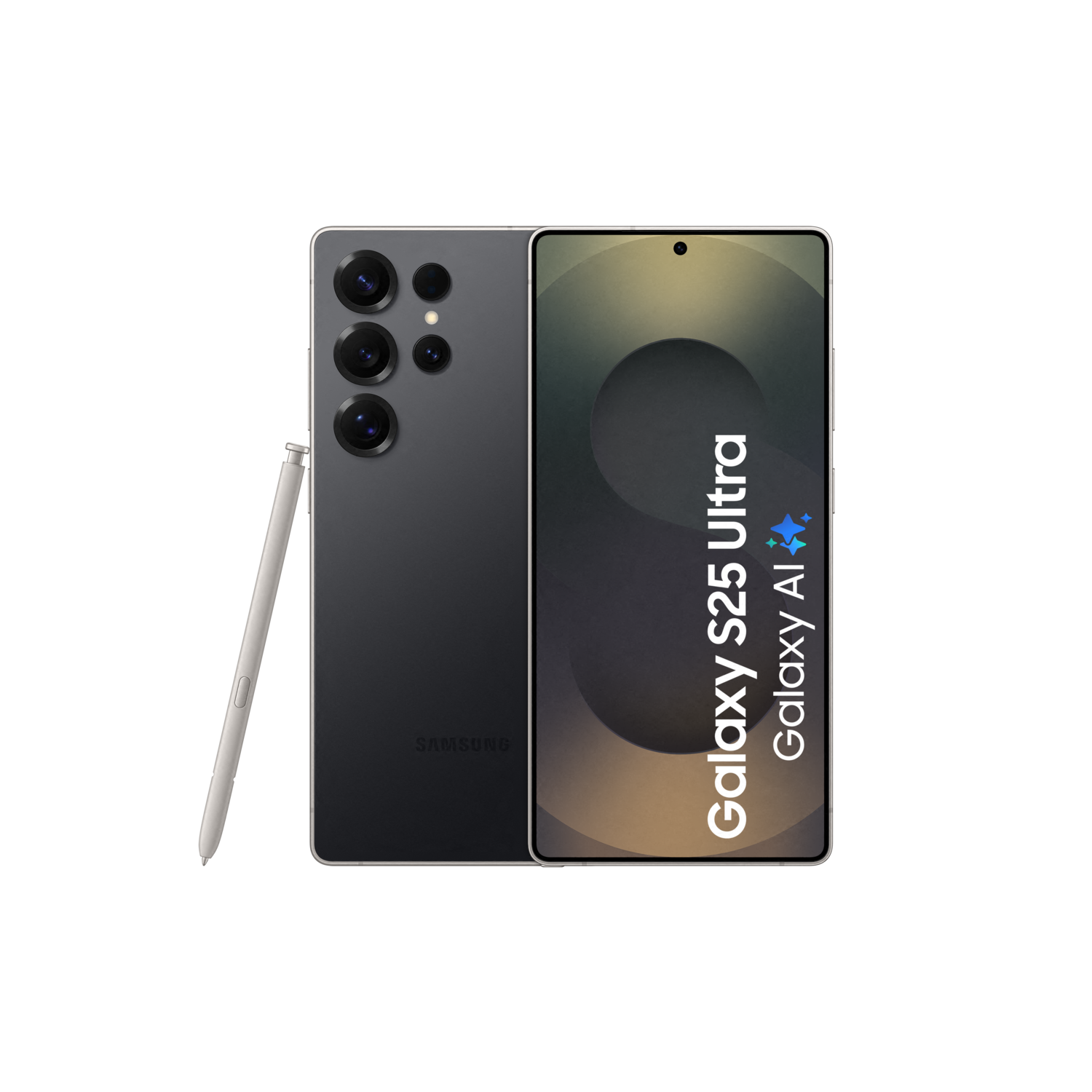 Een zwarte telefoon met styluspen. De telefoon heeft drie camera's. Het scherm toont de naam van de telefoon.