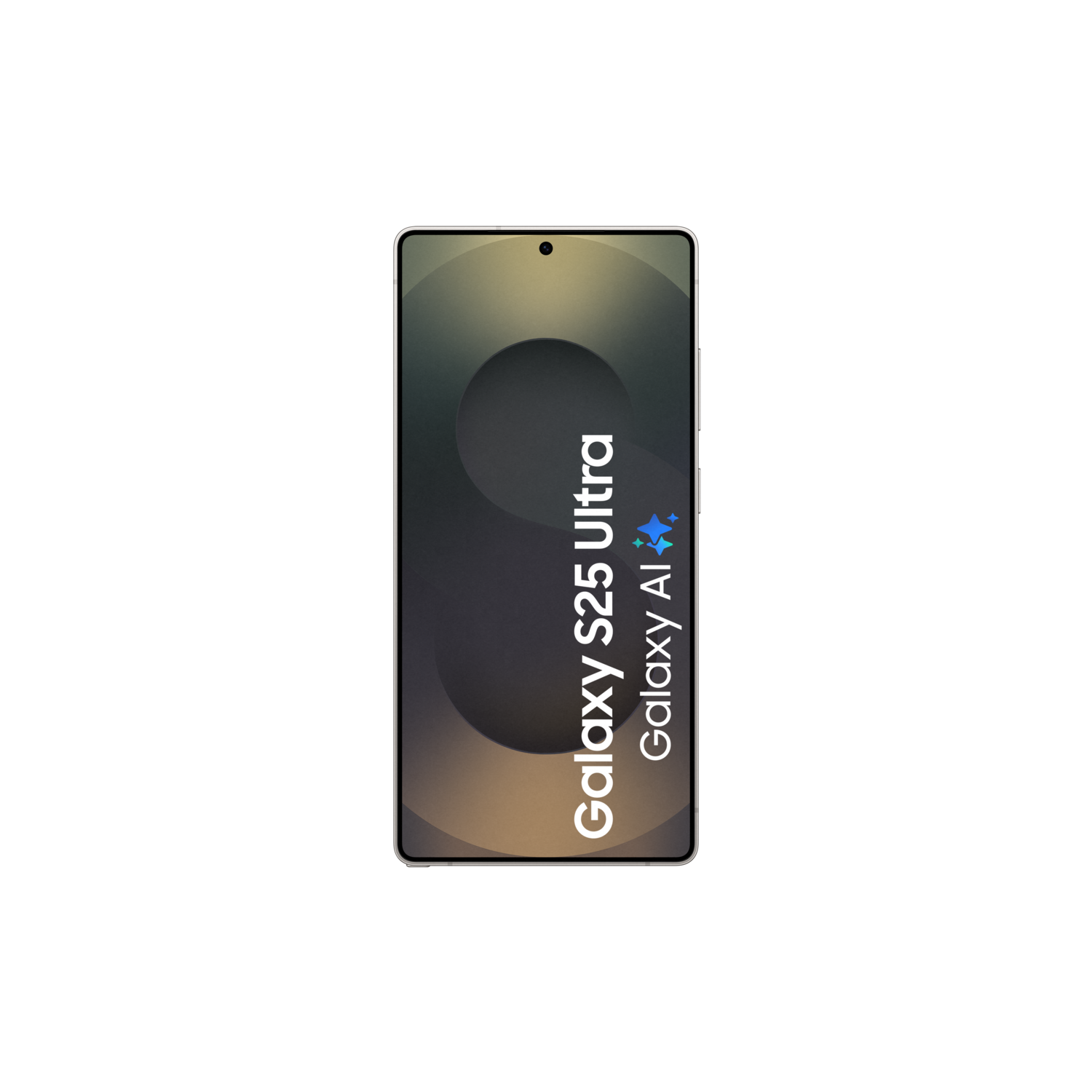 Black phone with Galaxy S25 Ultra text on the screen. The display shows a pattern.