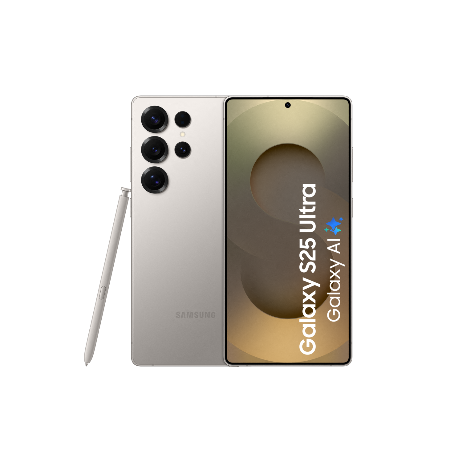 Zilveren Samsung S25 Ultra telefoon met stylus. Zwarte achtergrond. Scherm toont logo en tekst.