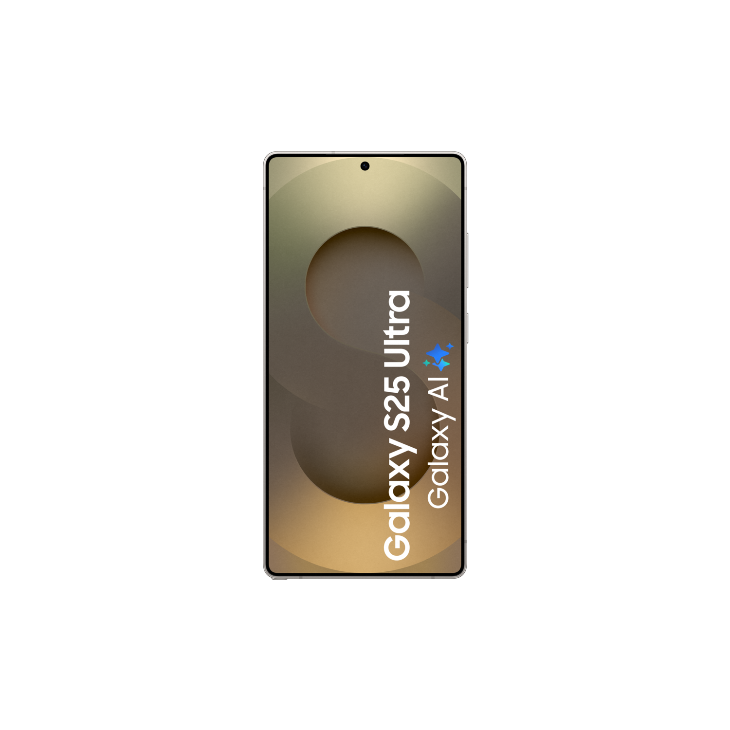 Een telefoonscherm toont een bruin ontwerp. De woorden 'Galaxy S25 Ultra Galaxy AI' staan erop.
