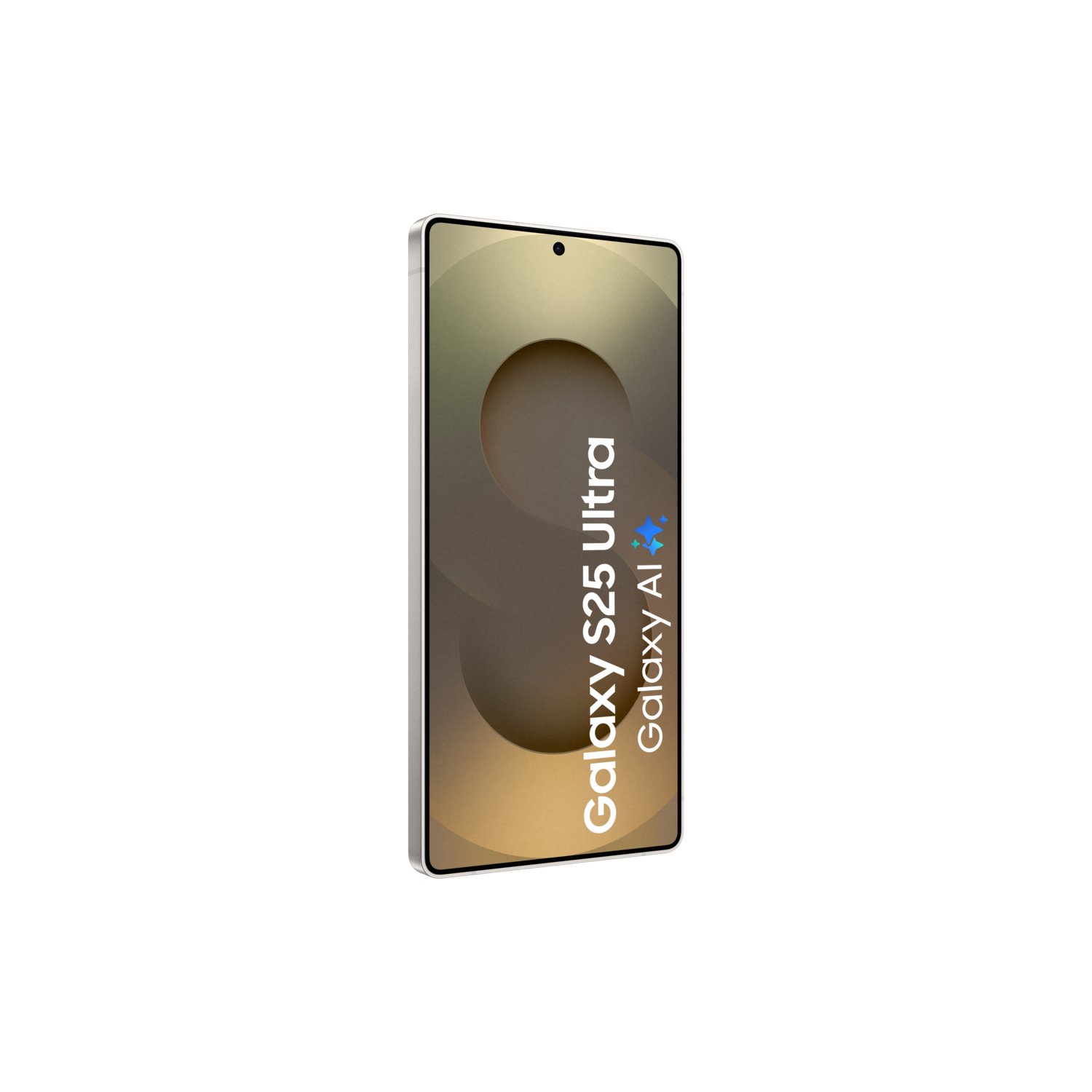 Smartphone scherm met abstract ontwerp, tekst Galaxy S25 Ultra, Galaxy AI. Zwarte achtergrond.