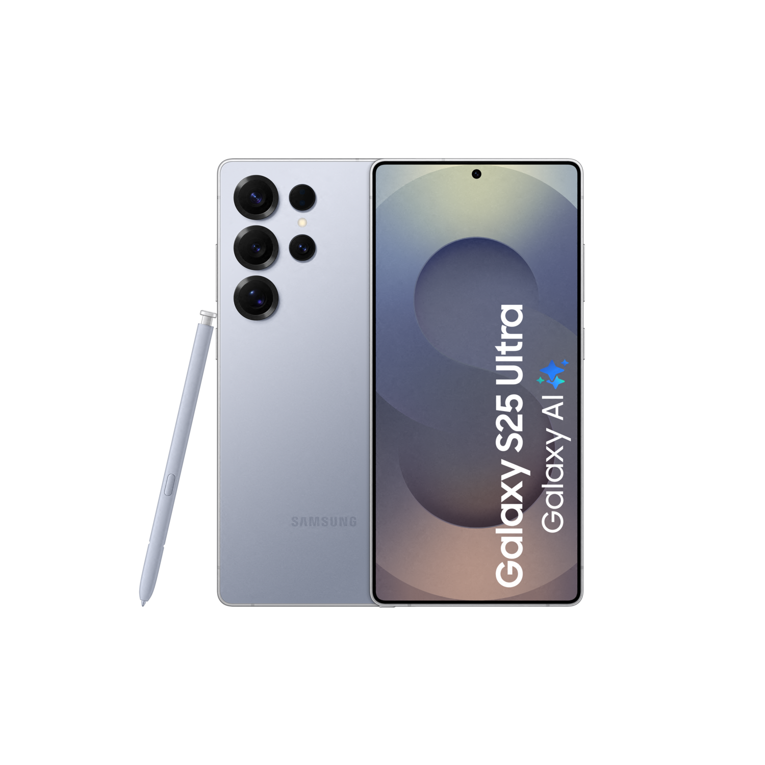 Twee telefoons, één met scherm met 'Galaxy S25 Ultra', de andere met een pen, op zwarte achtergrond.