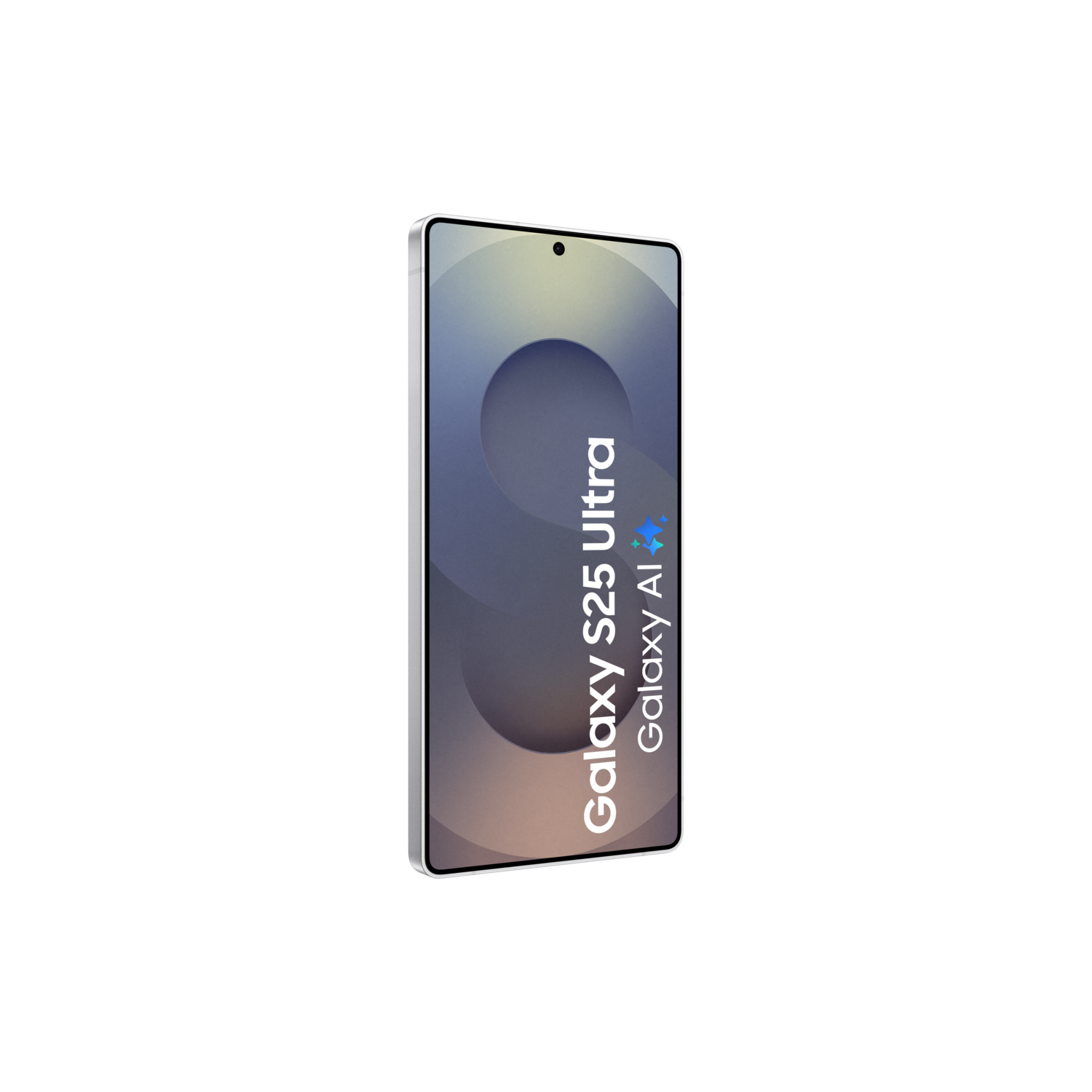 Een smartphone met de woorden "Galaxy S25 Ultra Galaxy AI" op een zwarte achtergrond.