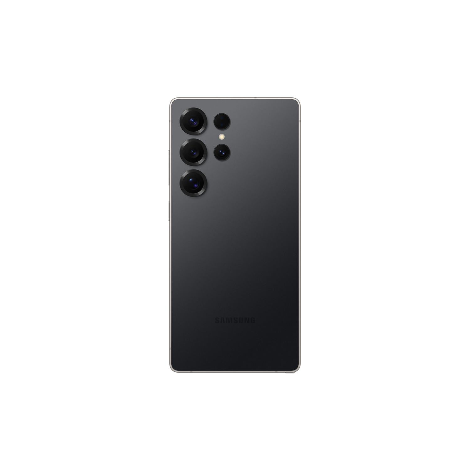 Een zwarte smartphone met drie cameralenzen, een zilveren frame en het Samsung-logo.