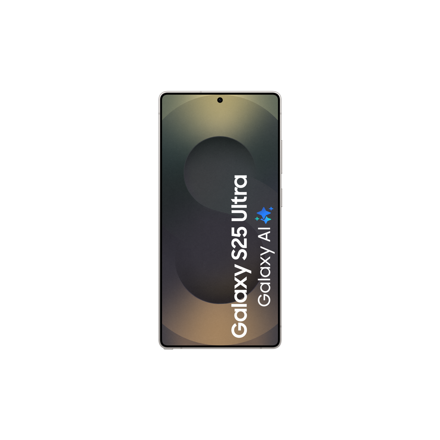Smartphone scherm met tekst 'Galaxy S25 Ultra Galaxy AI' op donkere achtergrond.