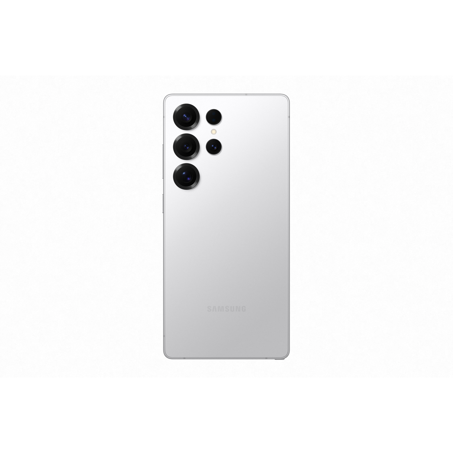 Witte telefoon met drie camera's. Het Samsung-logo staat onderaan.