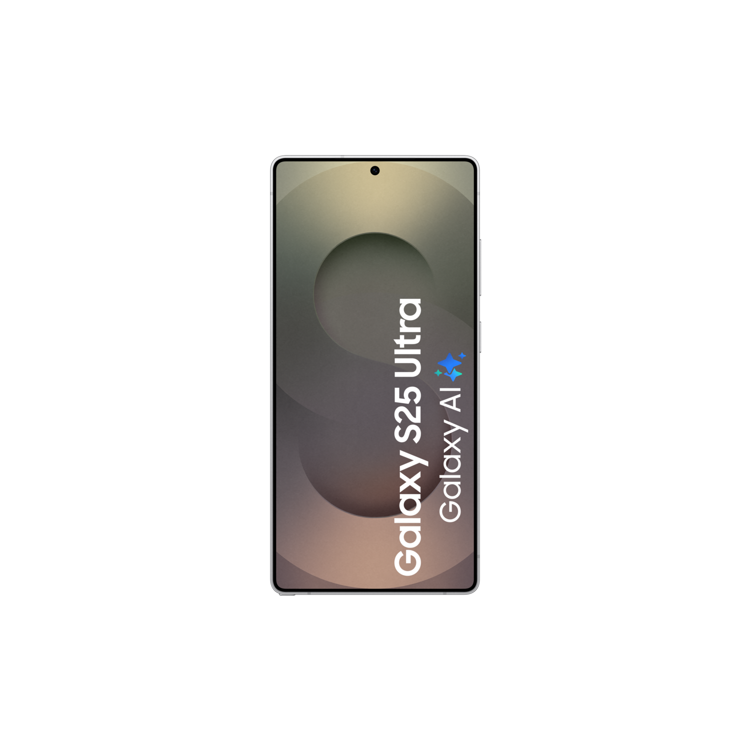 Zwarte telefoon met scherm waarop Galaxy S25 Ultra en AI op zwarte achtergrond.