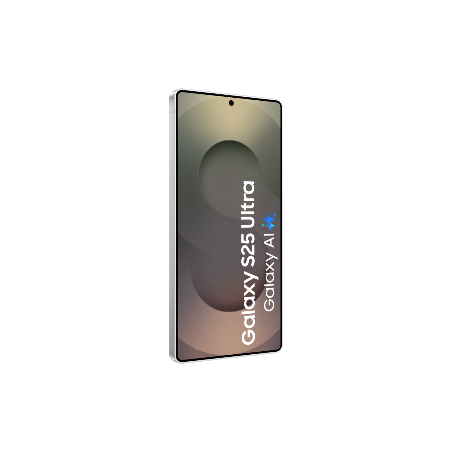 Telefoonscherm met tekst: Galaxy S25 Ultra Galaxy AI+. Zwarte achtergrond.