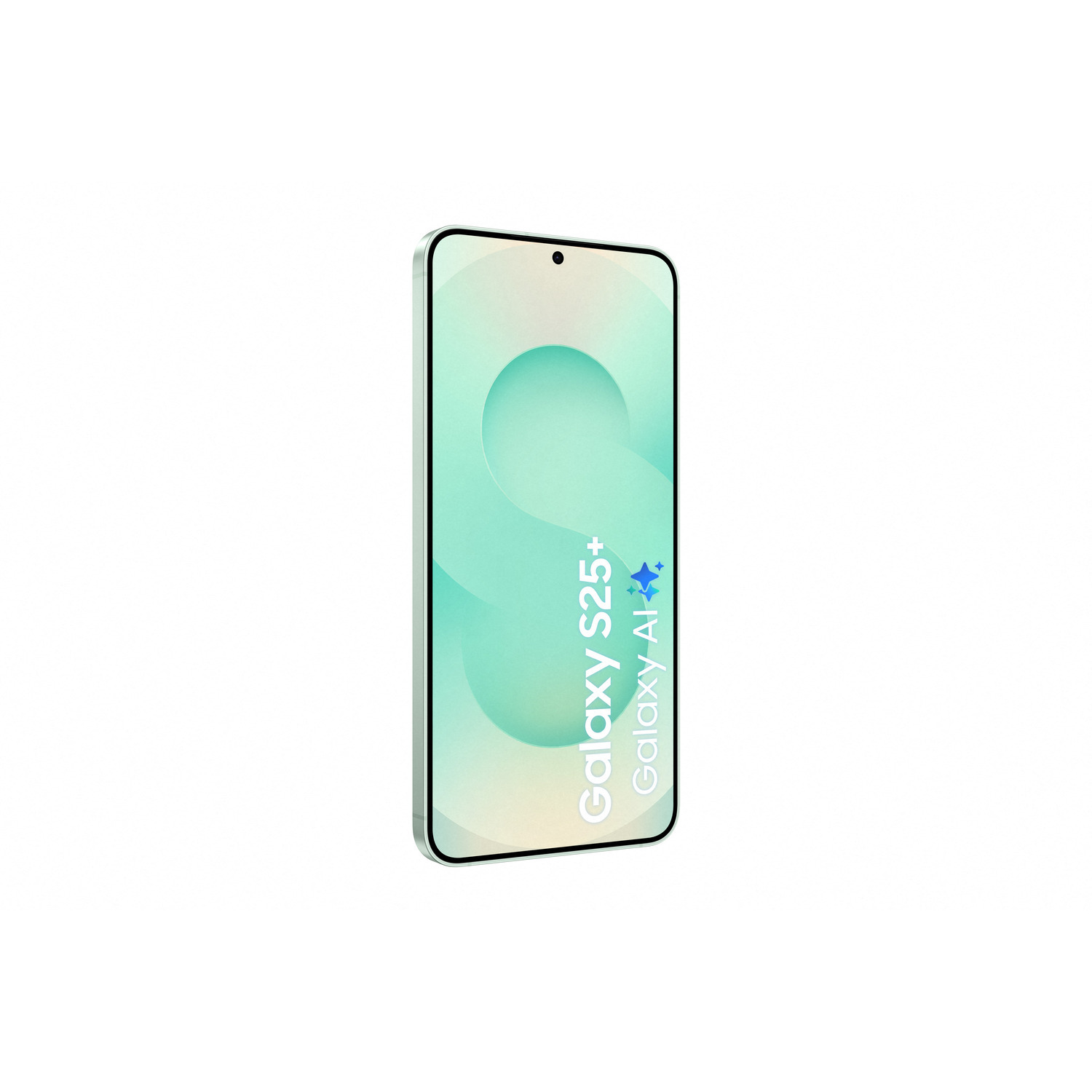 A mint green phone with a screen displaying the words Galaxy S25+.