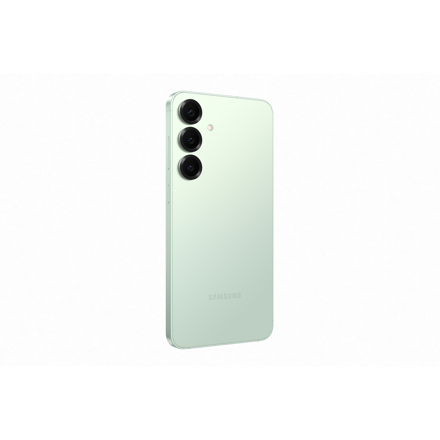 A mint green phone with three camera lenses. It has a Samsung logo and is angled slightly.
