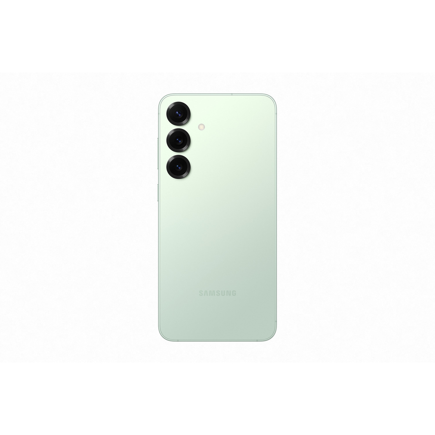 Green smartphone back with three cameras and a white background.