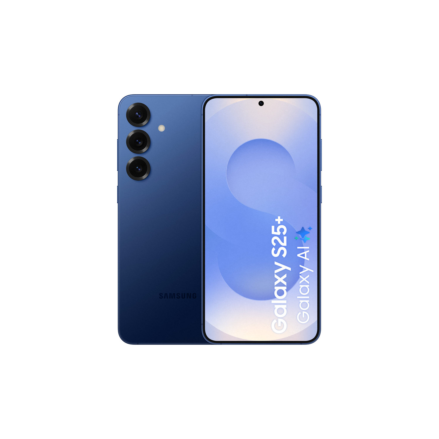 Blauwe telefoon, achter- en vooraanzicht. De achterkant heeft drie camera's. Scherm: Galaxy S25+ en AI.