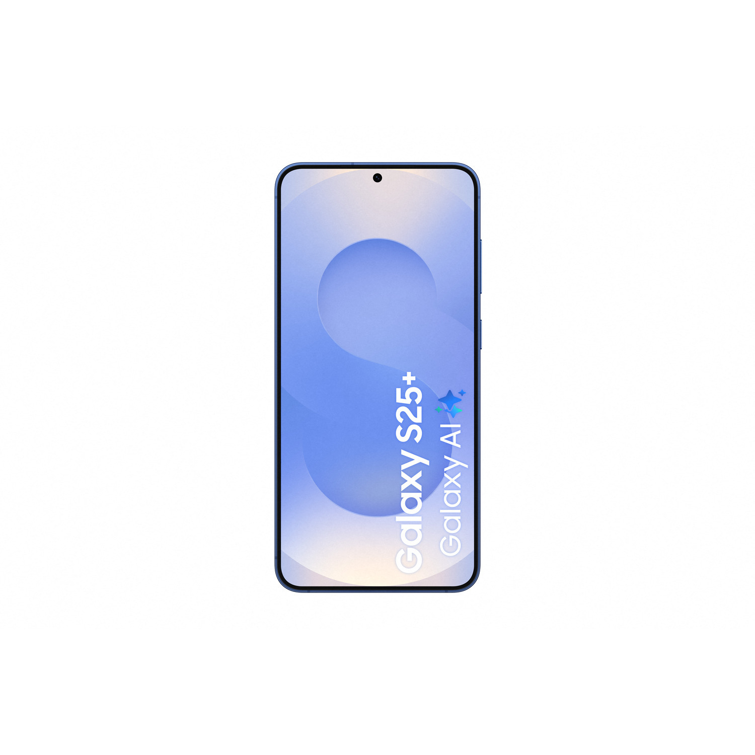 Een blauwe telefoon, met een blauw cirkelvormig ontwerp met de tekst 'Galaxy S25+ Galaxy AI'.