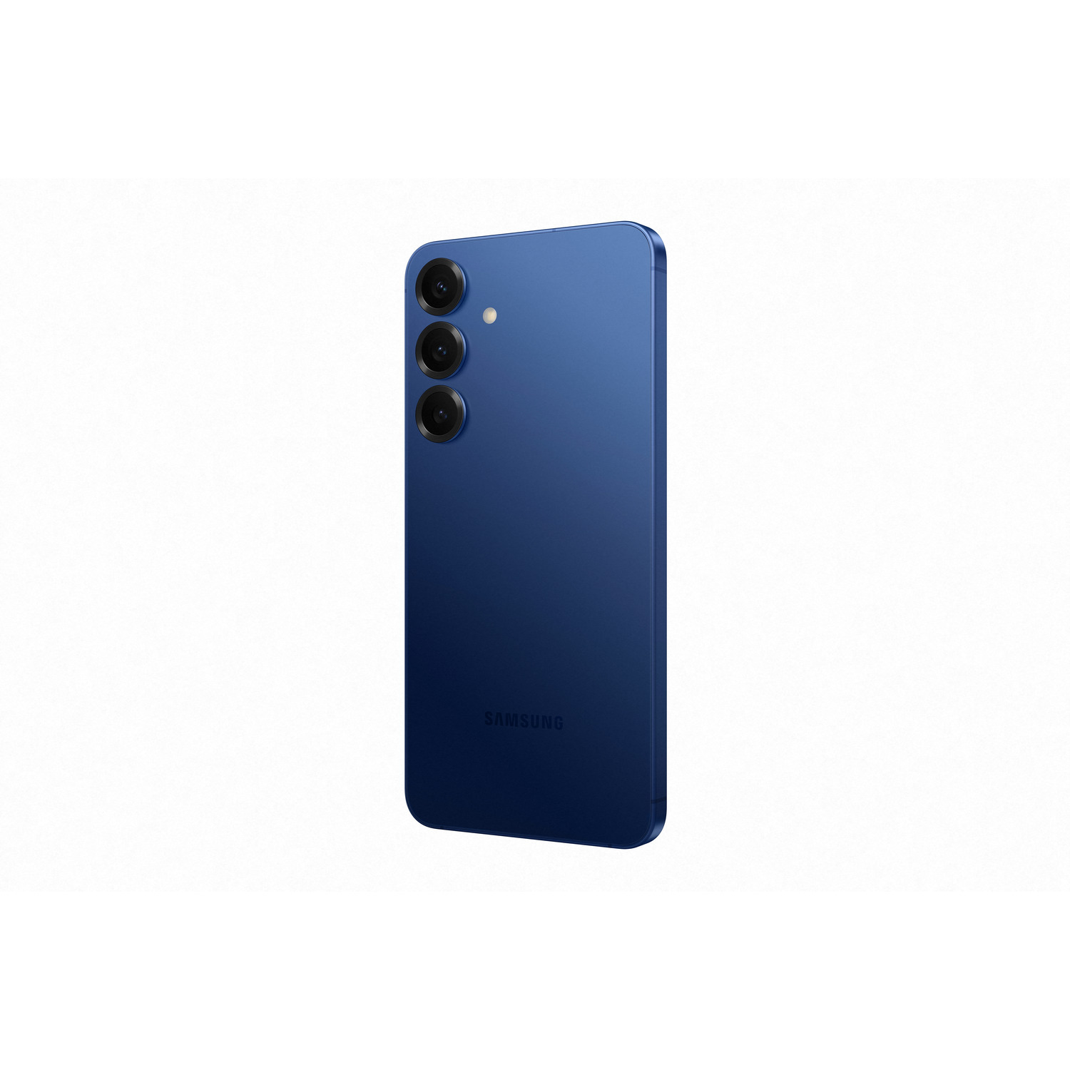 Een blauwe smartphone schuin. Drie camera's en het Samsung-logo zijn zichtbaar.
