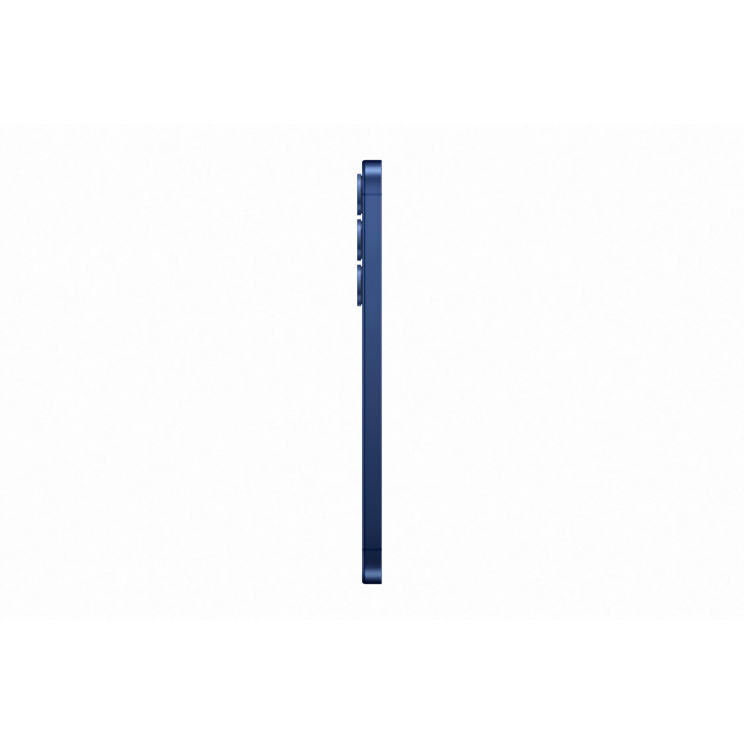 Zijaanzicht van een blauwe smartphone op een witte achtergrond, met het zijprofiel.