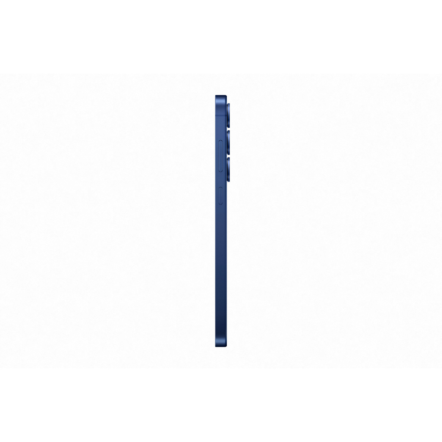 Zijaanzicht van een blauwe telefoon. Knoppen aan de zijkant. Witte achtergrond.