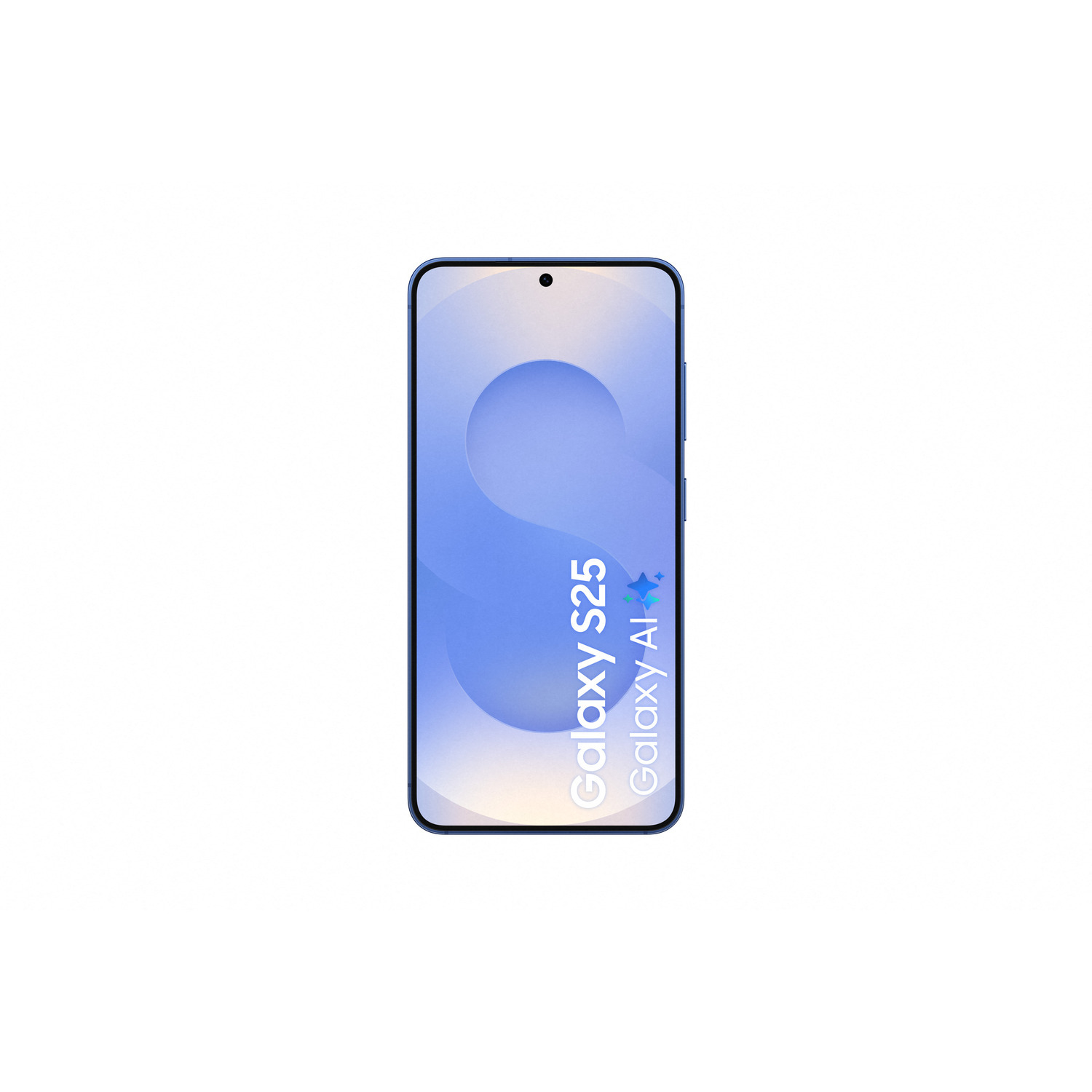 Téléphone bleu avec un écran affichant 'Galaxy S25 Galaxy AI'. Fond blanc.