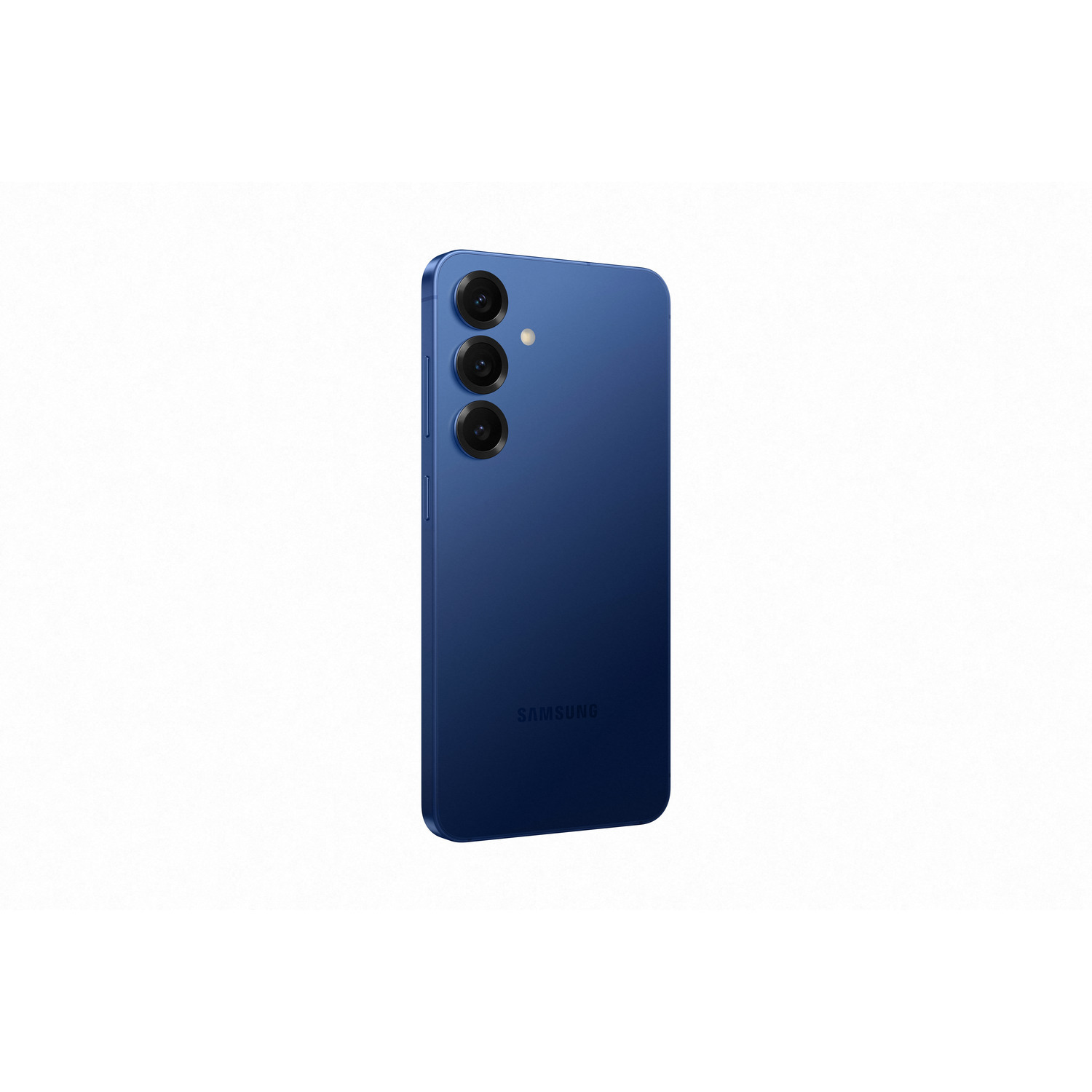 Le dos d'un smartphone bleu avec trois objectifs, sur fond blanc.
