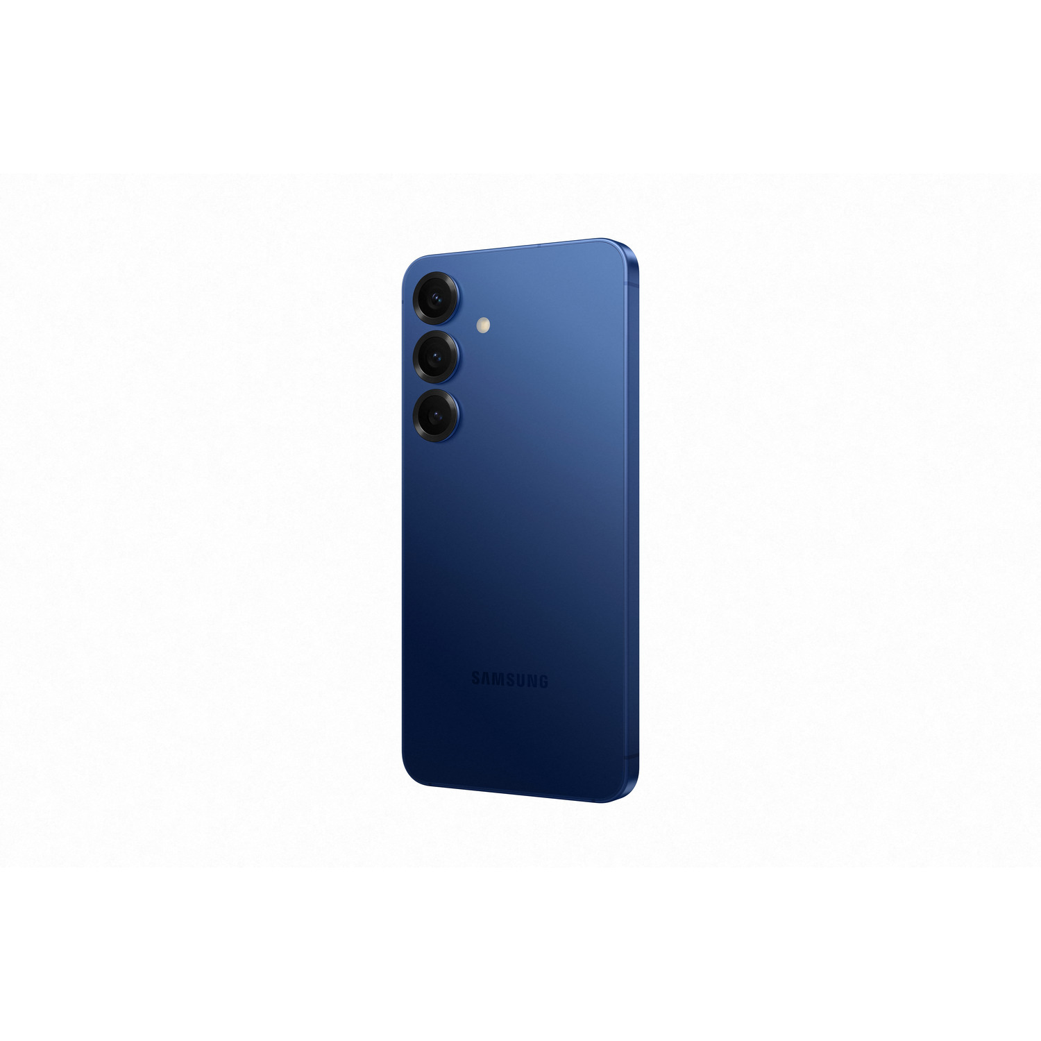 Dos de smartphone bleu avec trois caméras, fond blanc.