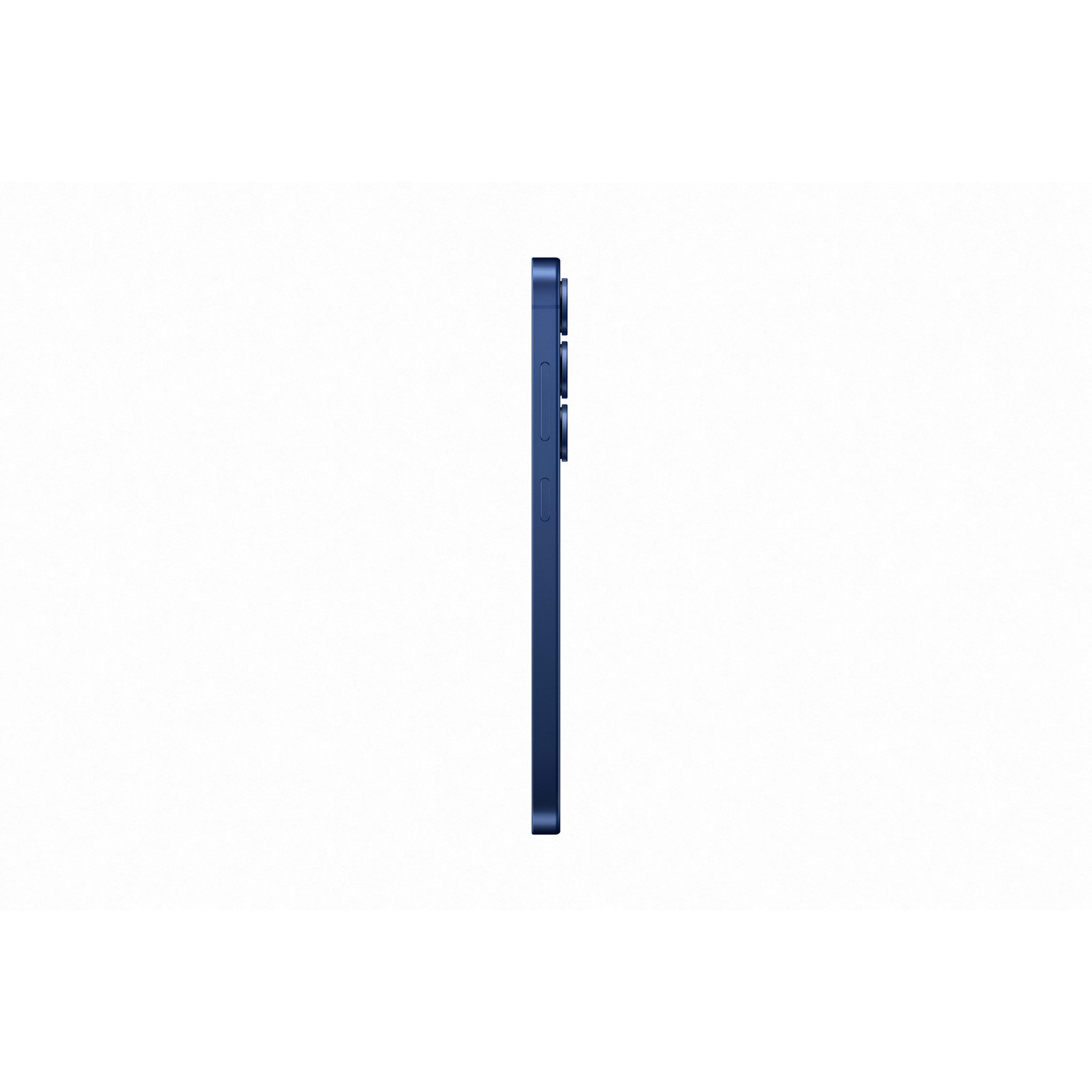 Smartphone bleu montrant sa vue latérale, avec boutons de volume et caméras visibles.