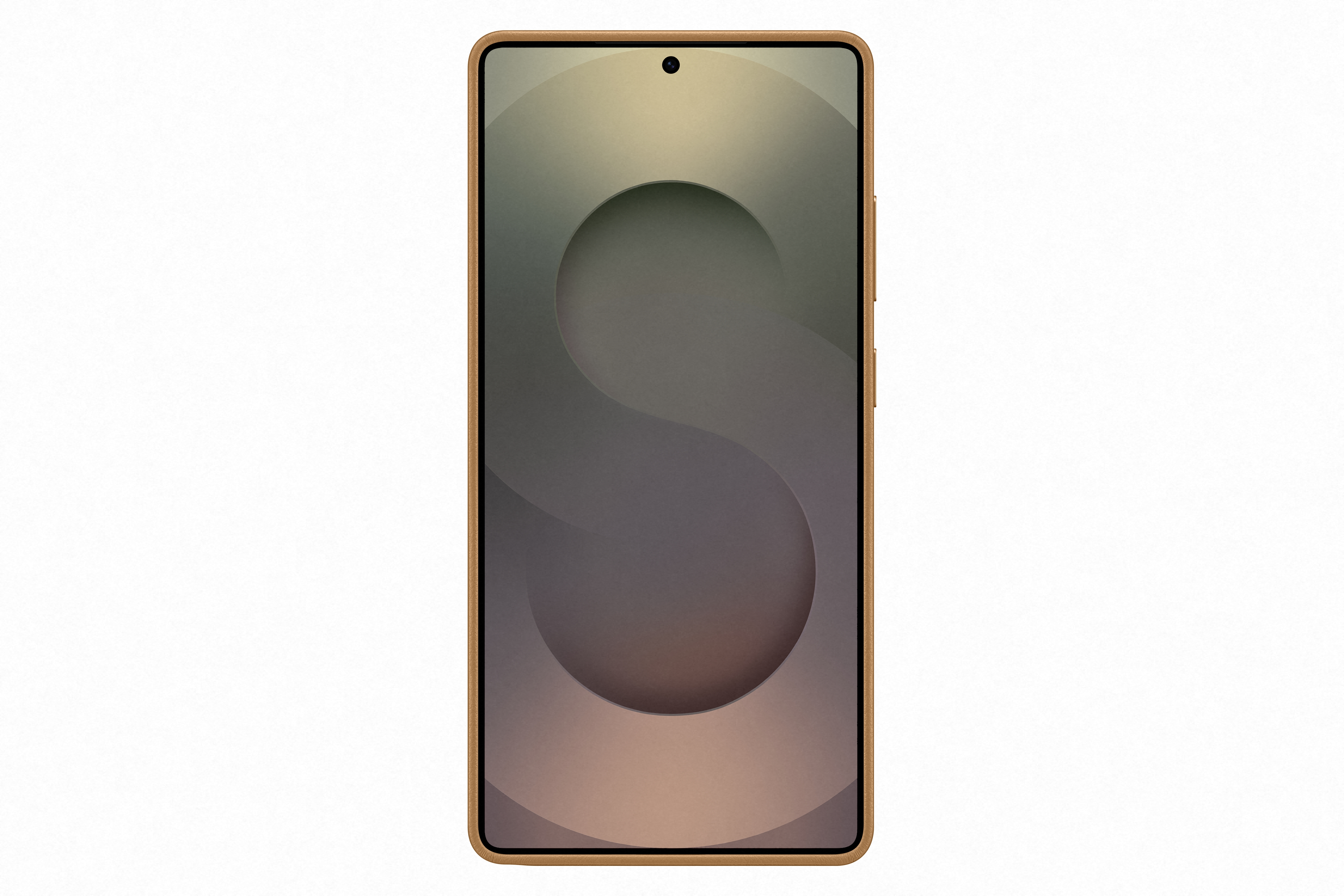 Telefoonscherm toont een 'S' ontwerp, telefoon is bruin. Witte achtergrond.