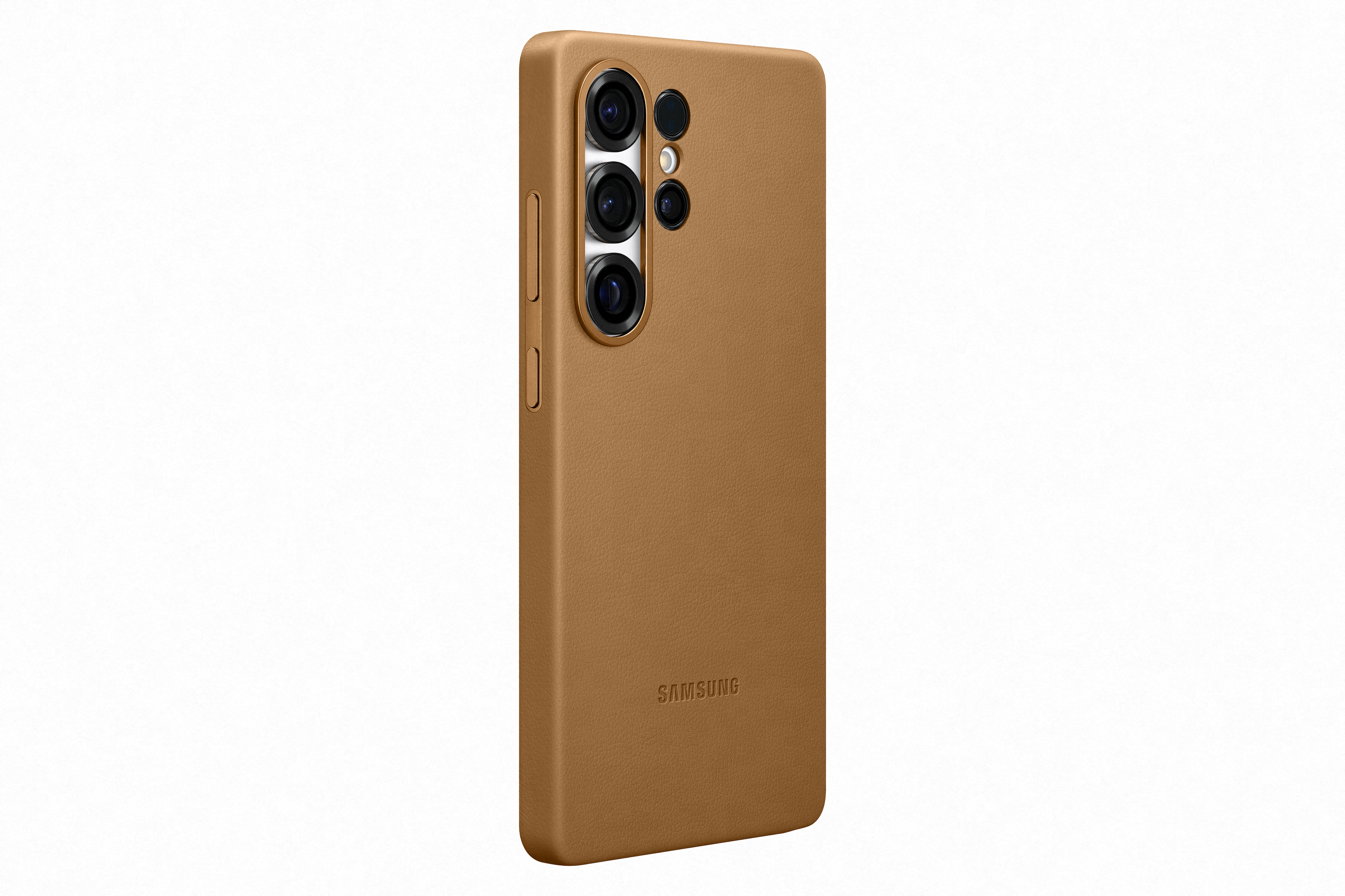 Een bruine telefoonhoes met drie cameralenzen en het Samsung-logo.