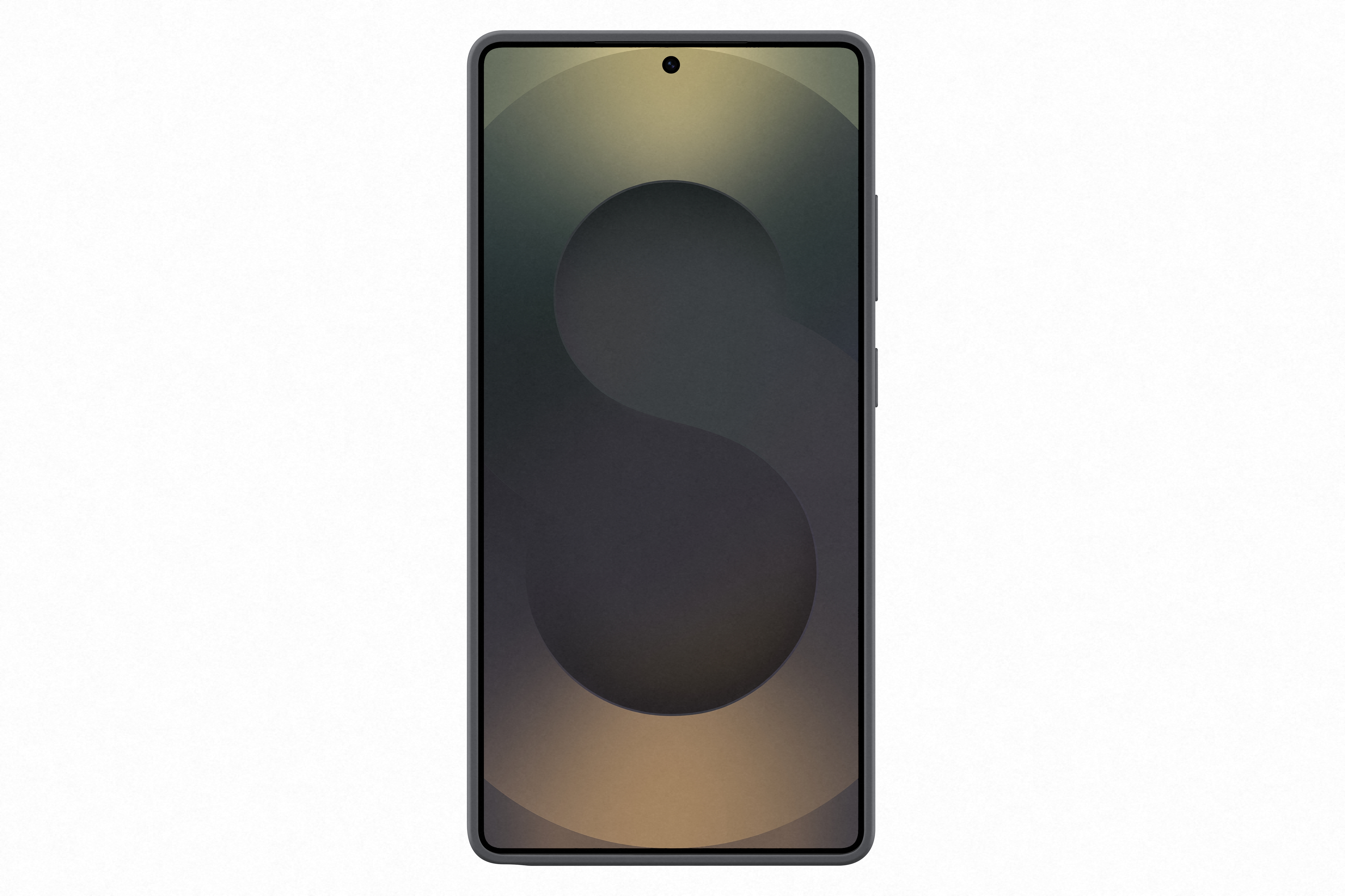 Zwarte smartphone met donker scherm met 'S'-ontwerp, camera aan de voorkant en verloopachtergrond.