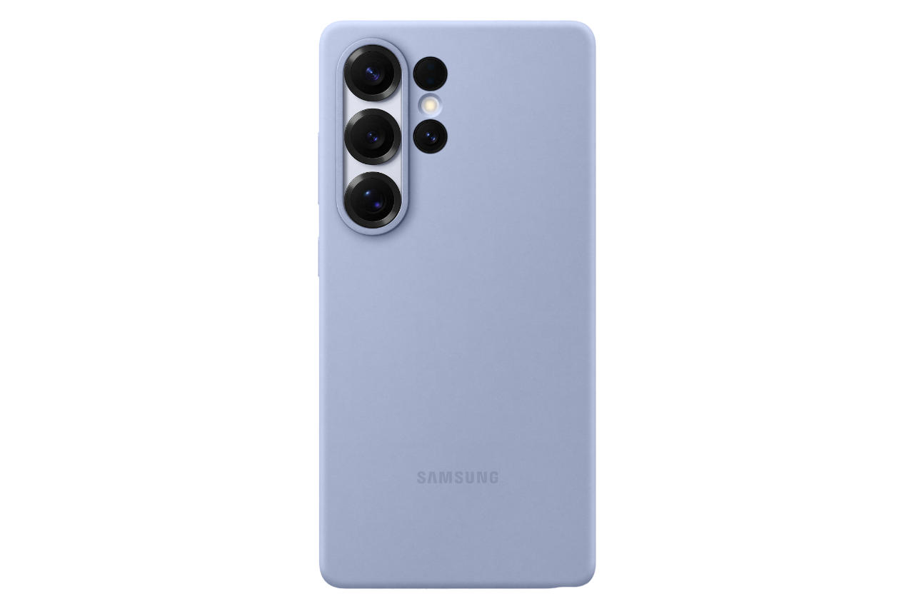 Lavendel Samsung telefoonhoesje met drie cameralenzen. Samsung logo onderaan.