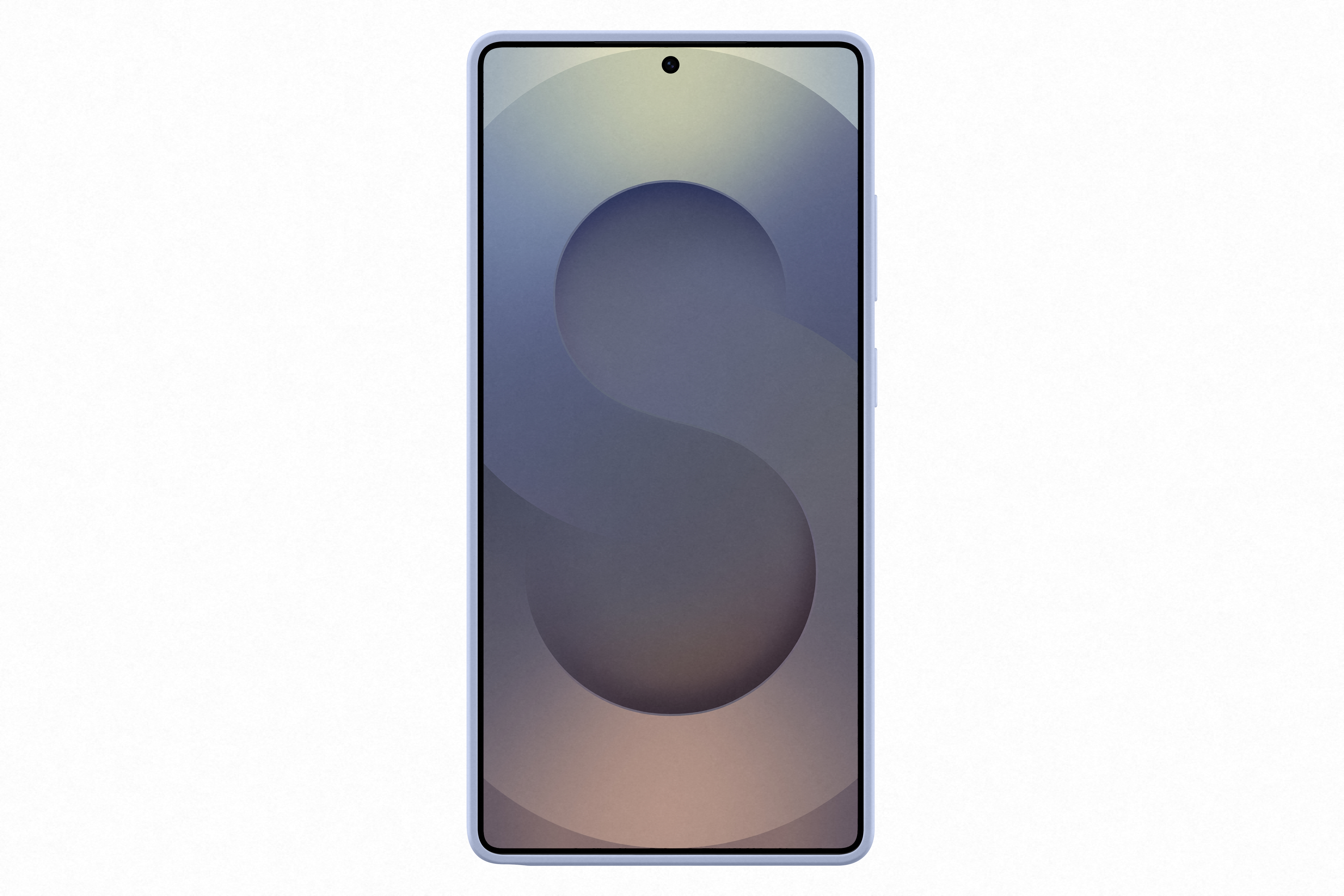 Een blauwe telefoon met een grote witte S op het scherm, tegen een witte achtergrond.