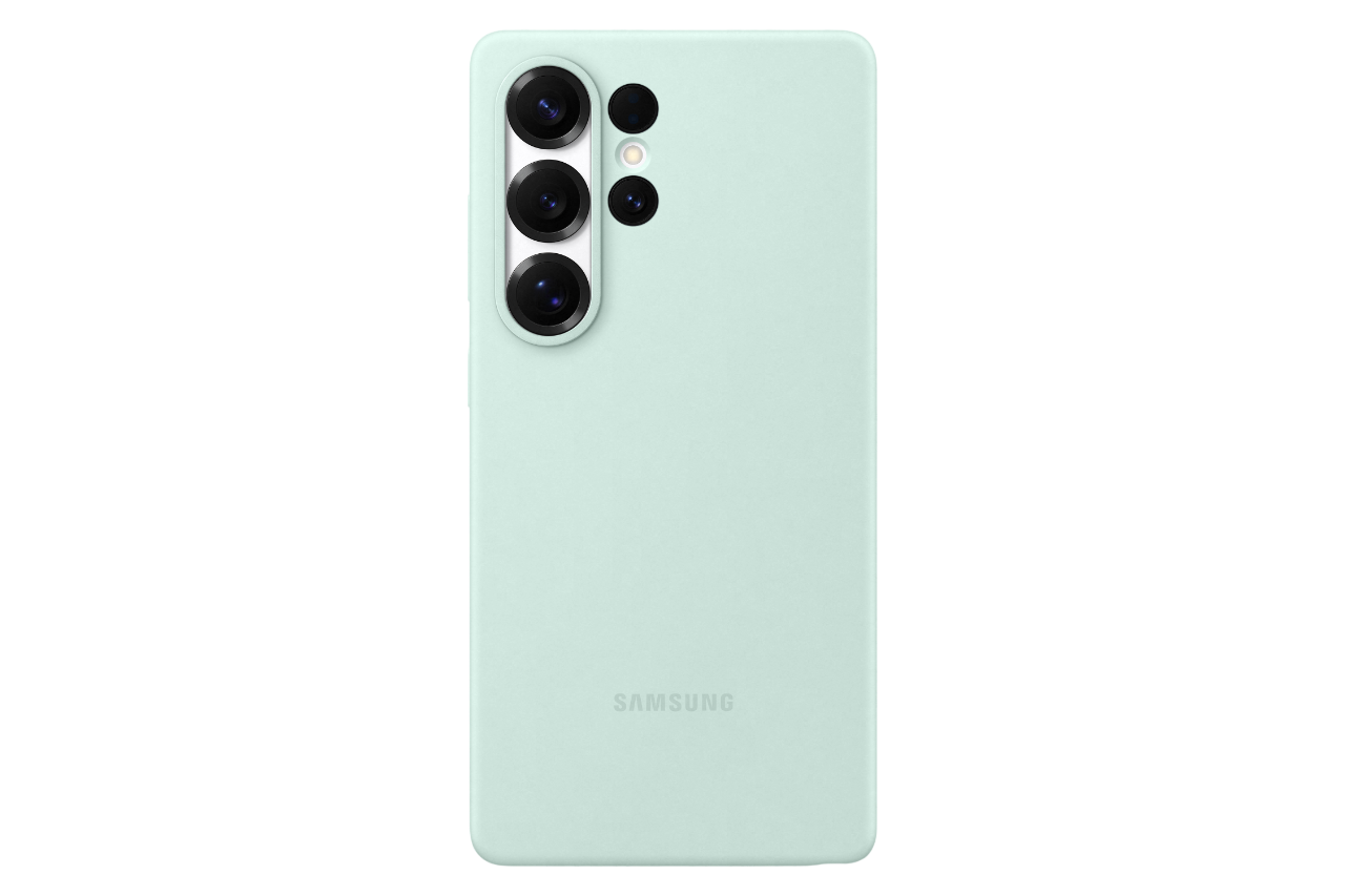 Een lichtgroene telefoonhoes met drie camera's en een flitser op de achterkant.