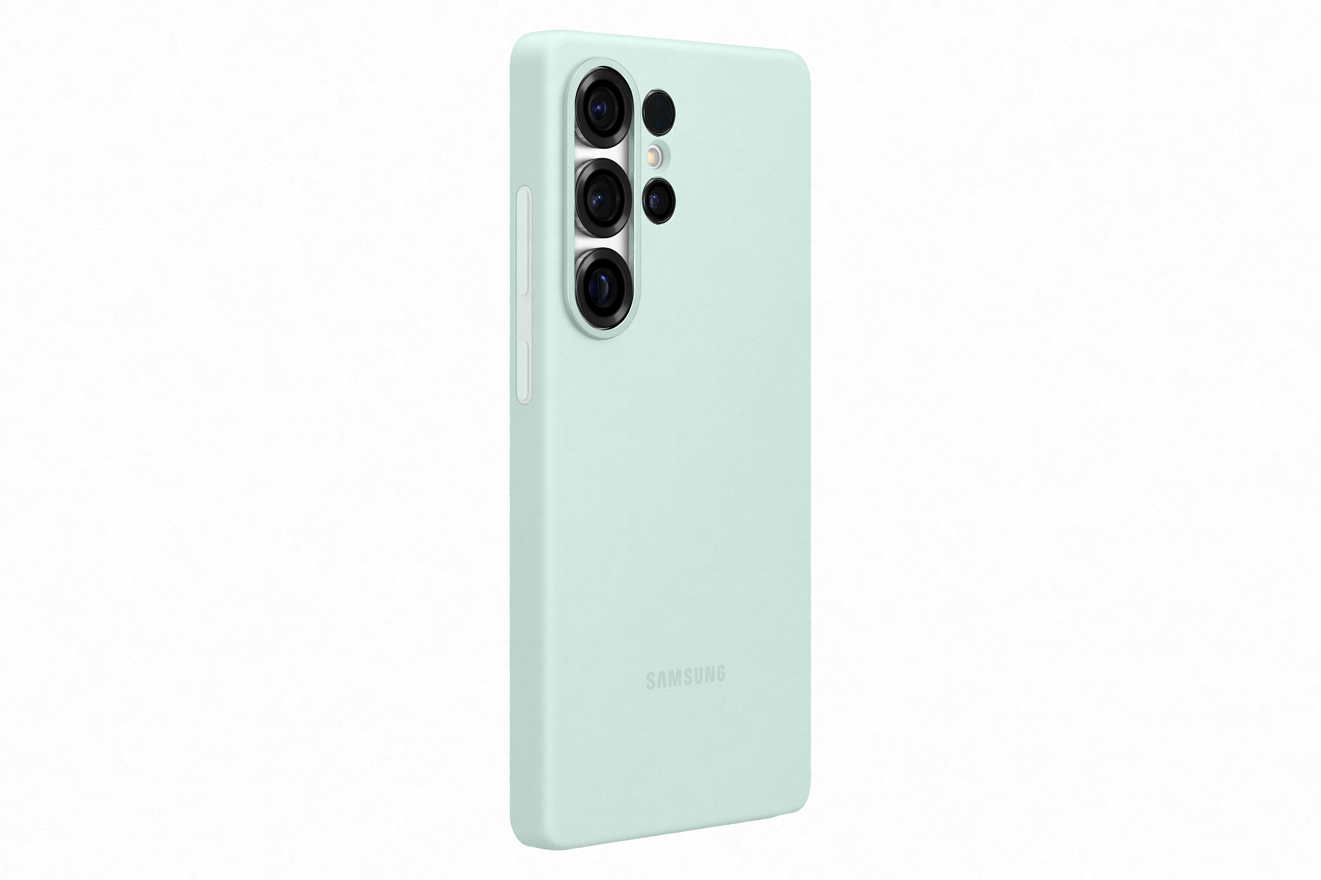 Lichtgroene telefoonhoes met drie cameralenzen.